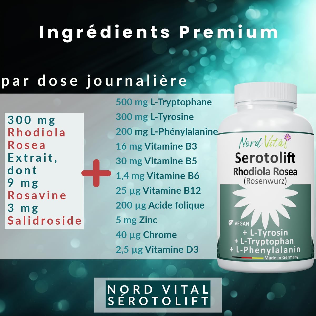 Serotolift® Original – Precursors Serotonin & Dopamine – Rhodiola Rosea, L-Tryptophan, L-Tyrosine, L-Phenylalanine, Chromium, Zinc, Vit. D3, B5, B6, B9, B12 – Vegan – Made in Germany - Image 3