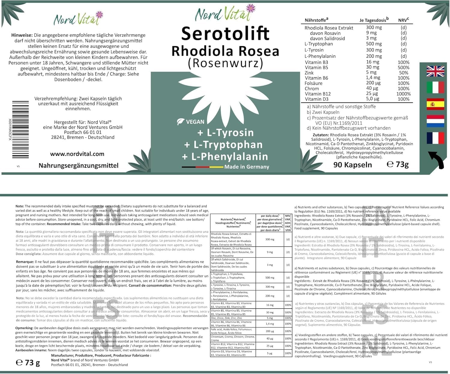Serotolift® Original – Precursors Serotonin & Dopamine – Rhodiola Rosea, L-Tryptophan, L-Tyrosine, L-Phenylalanine, Chromium, Zinc, Vit. D3, B5, B6, B9, B12 – Vegan – Made in Germany - Image 7