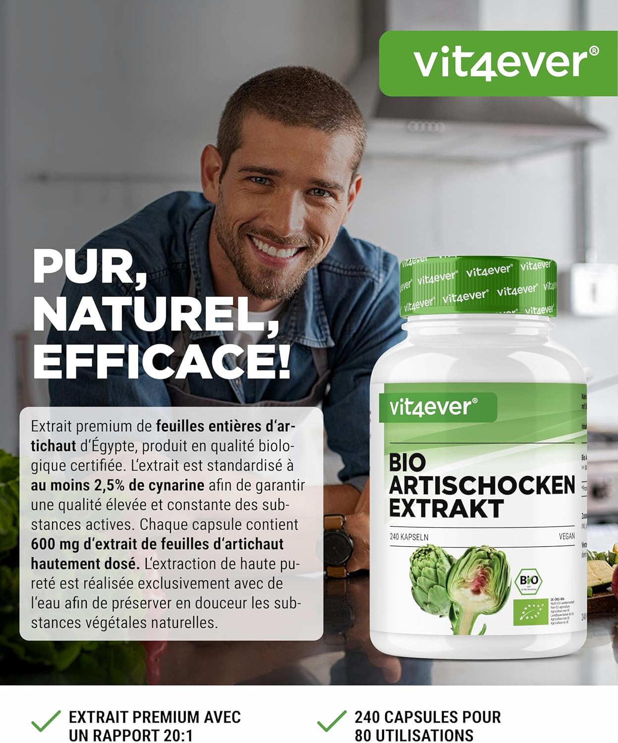 vit4ever Organic artichoke extract - 240 capsules - 1800 mg per daily dose (2.5% cynarin) - Genuine artichoke extract 20:1 - Organic quality - High dosed - Vegan - Image 3