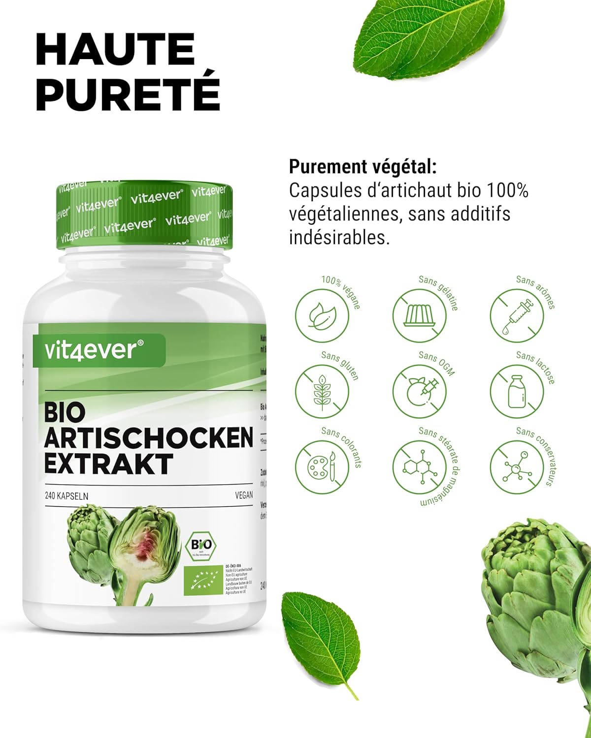 vit4ever Organic artichoke extract - 240 capsules - 1800 mg per daily dose (2.5% cynarin) - Genuine artichoke extract 20:1 - Organic quality - High dosed - Vegan - Image 4