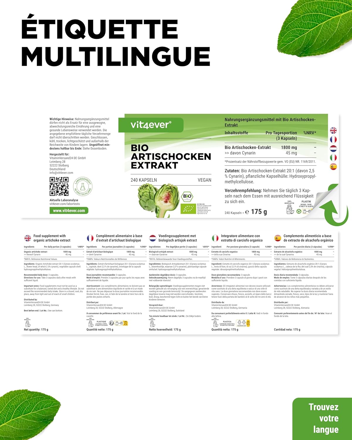 vit4ever Organic artichoke extract - 240 capsules - 1800 mg per daily dose (2.5% cynarin) - Genuine artichoke extract 20:1 - Organic quality - High dosed - Vegan - Image 7