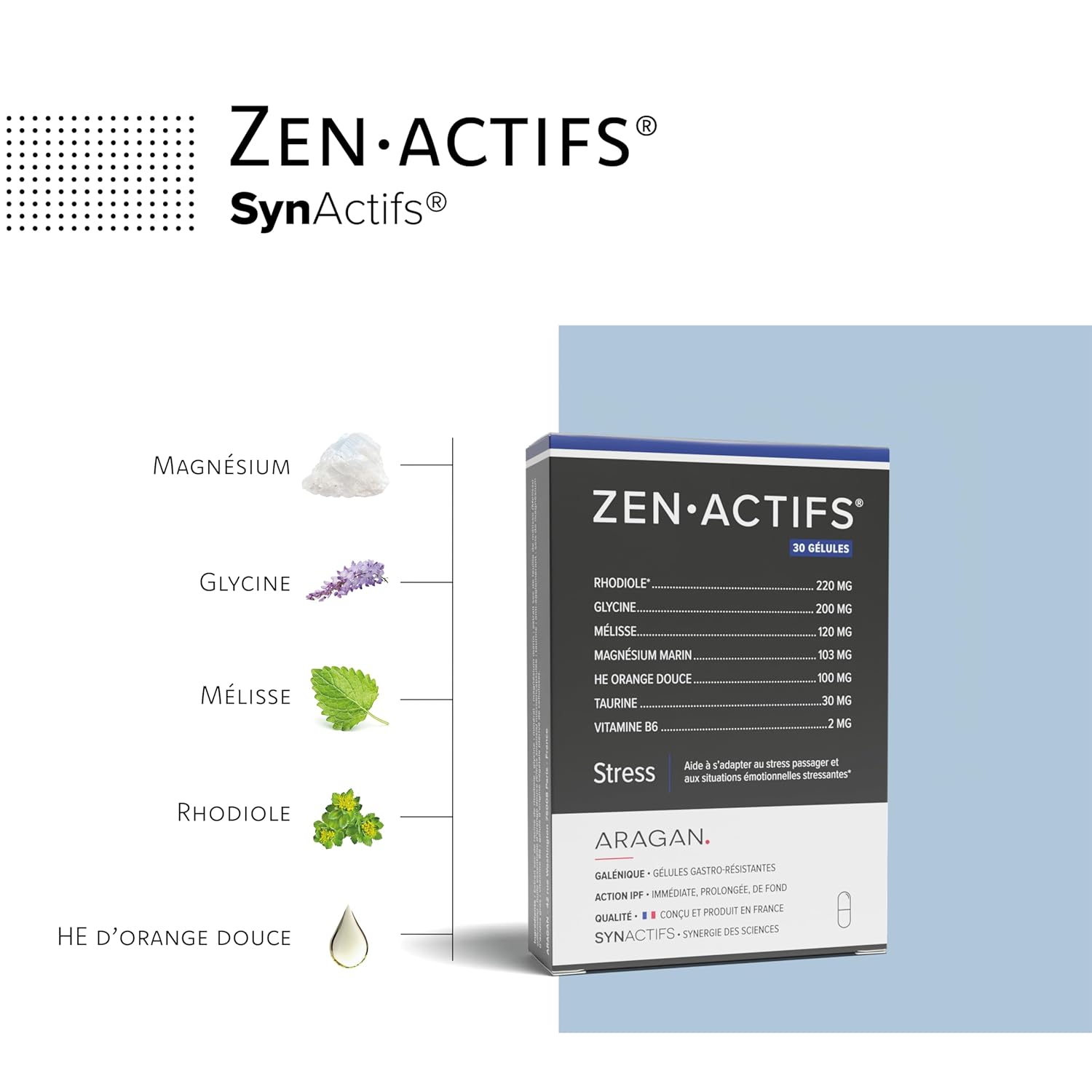 Zenactif Anti-Stress Food Supplement Rhodiola, Magnesium, Melisse, Glycine, Taurine & Vitamin B6 Aragan 30 Capsules - Image 3