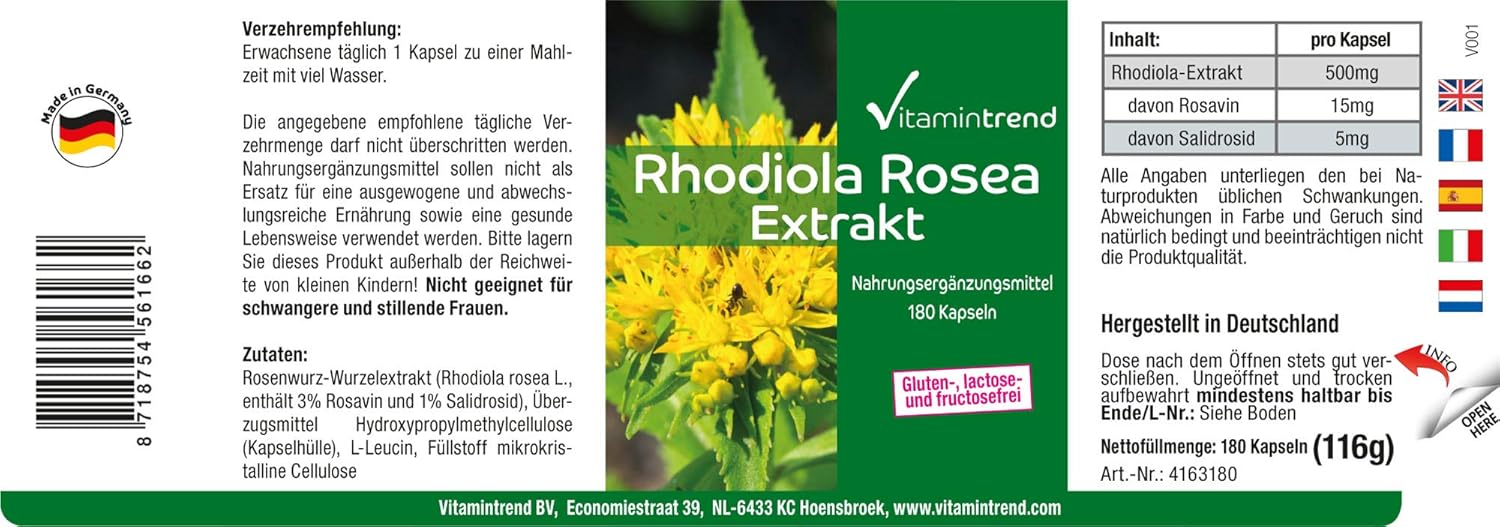Rhodiola Rosea Extract Powder 500mg - Vegan - 180 Capsules - Pink Stonecrop | Vitamintrend® - Image 3