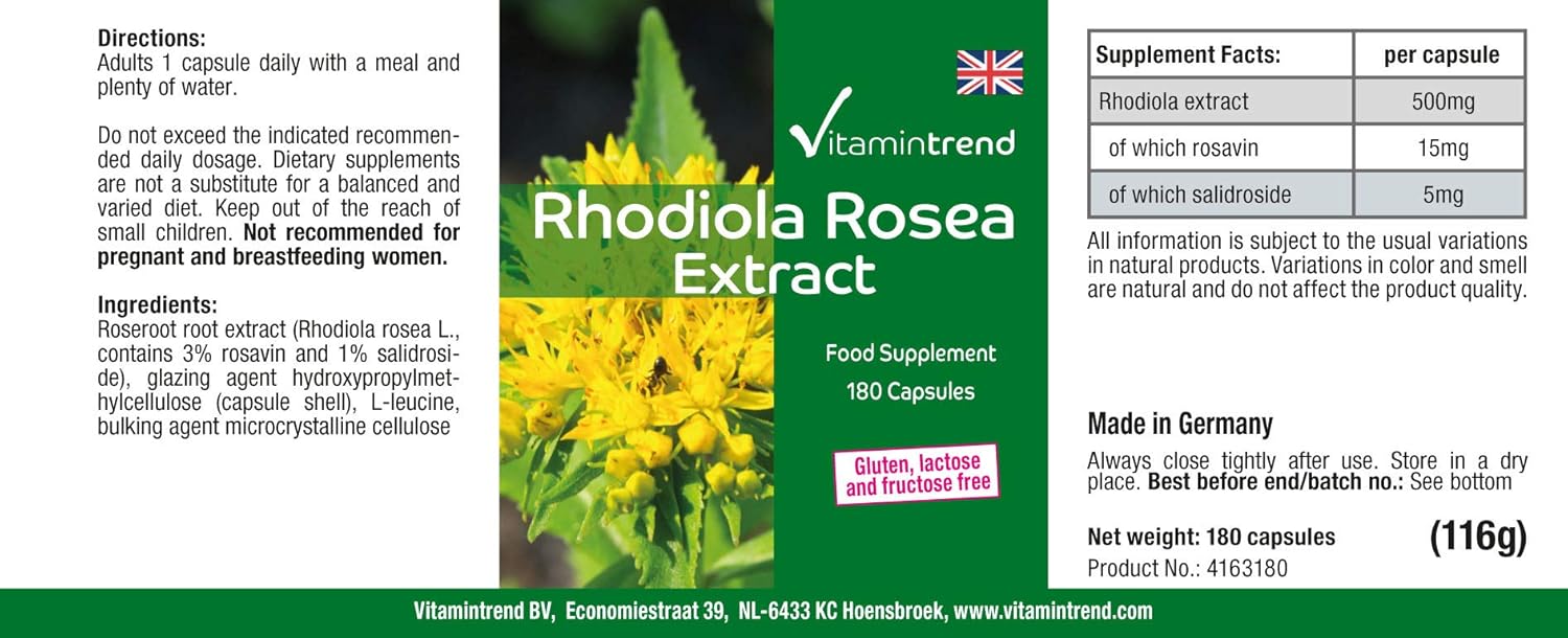 Rhodiola Rosea Extract Powder 500mg - Vegan - 180 Capsules - Pink Stonecrop | Vitamintrend® - Image 4