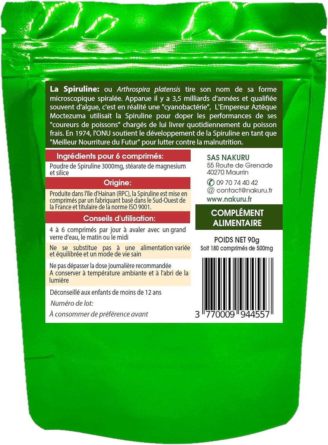 NAKURU | Spirulina | Balance Range | Made in France | "Your Natural Harmony!" | (180 tablets of 500 mg/Net Weight: 90 g) - Image 3