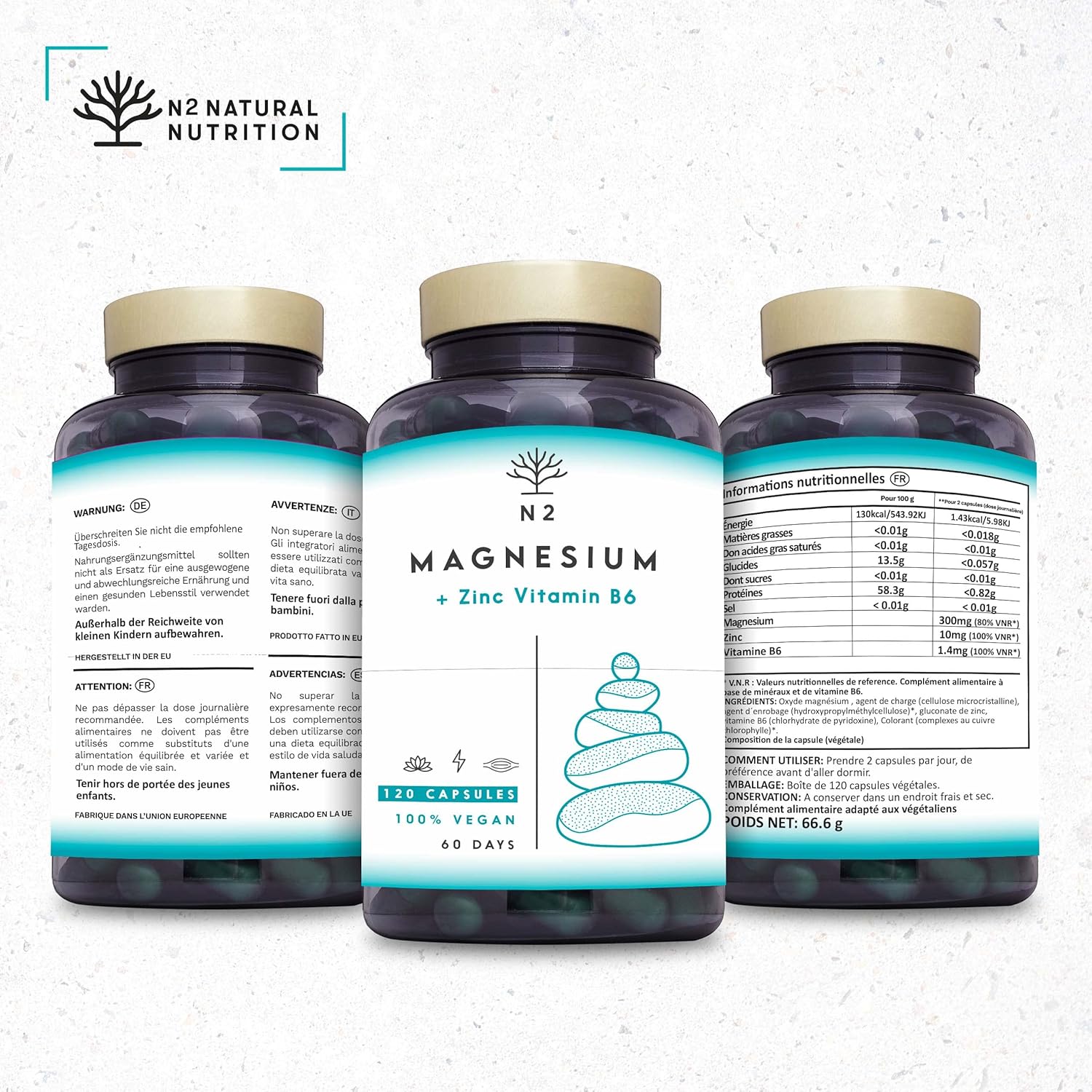 Magnesium 300 mg with Zinc and Vitamin B6. Immune System. Muscle Support and Sleep Improvement.120 Chlorophyll Capsules. Vegan certified. N2 Natural Nutrition - Image 4