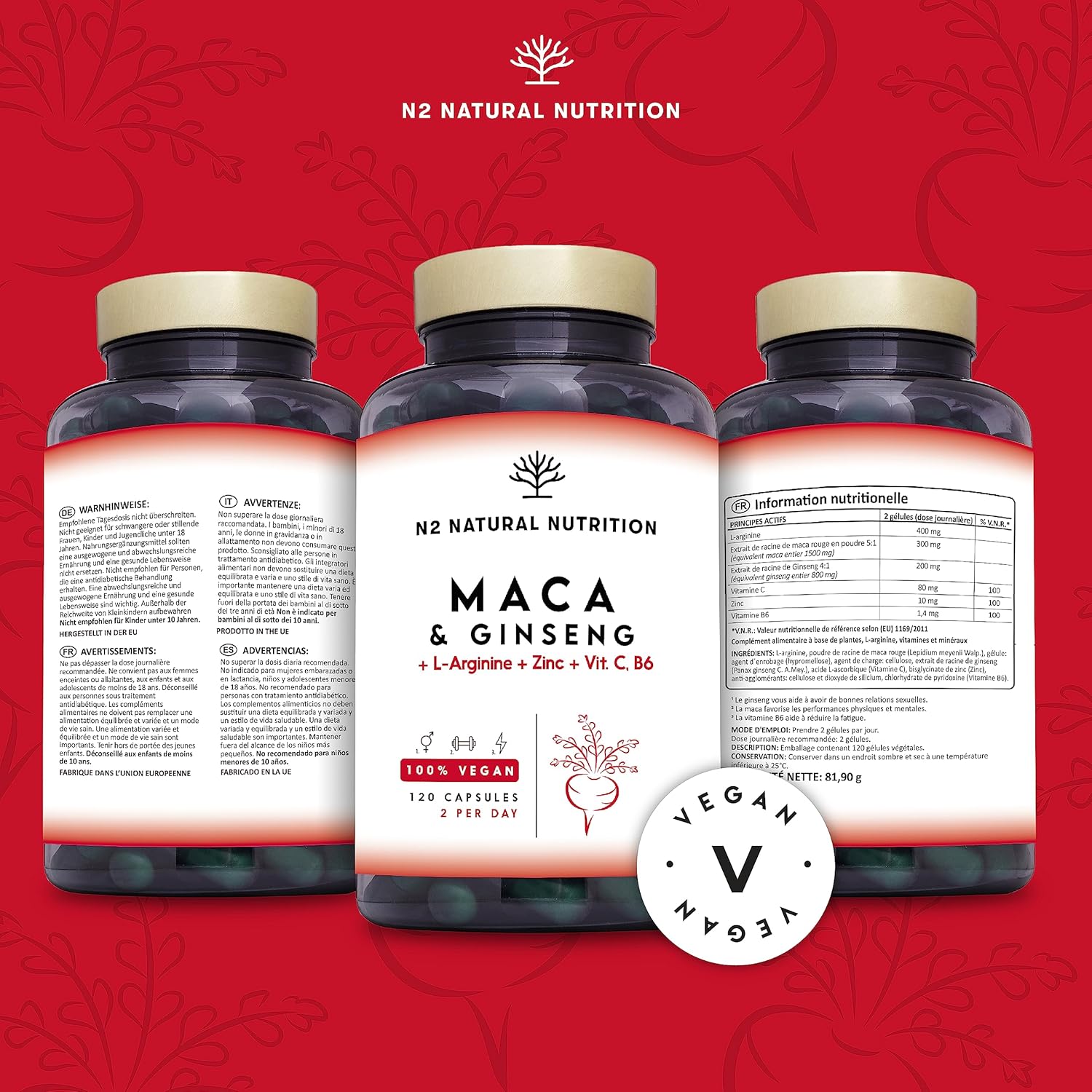 Maca Complex with Ginseng, Arginine, Vitamins, Zinc. Hormone Regulator, Anti-stress, Energy. 120 Capsules 60 Days. Increases Endurance and Energy. 100% Natural. CE. N2 Natural Nutrition - Image 7