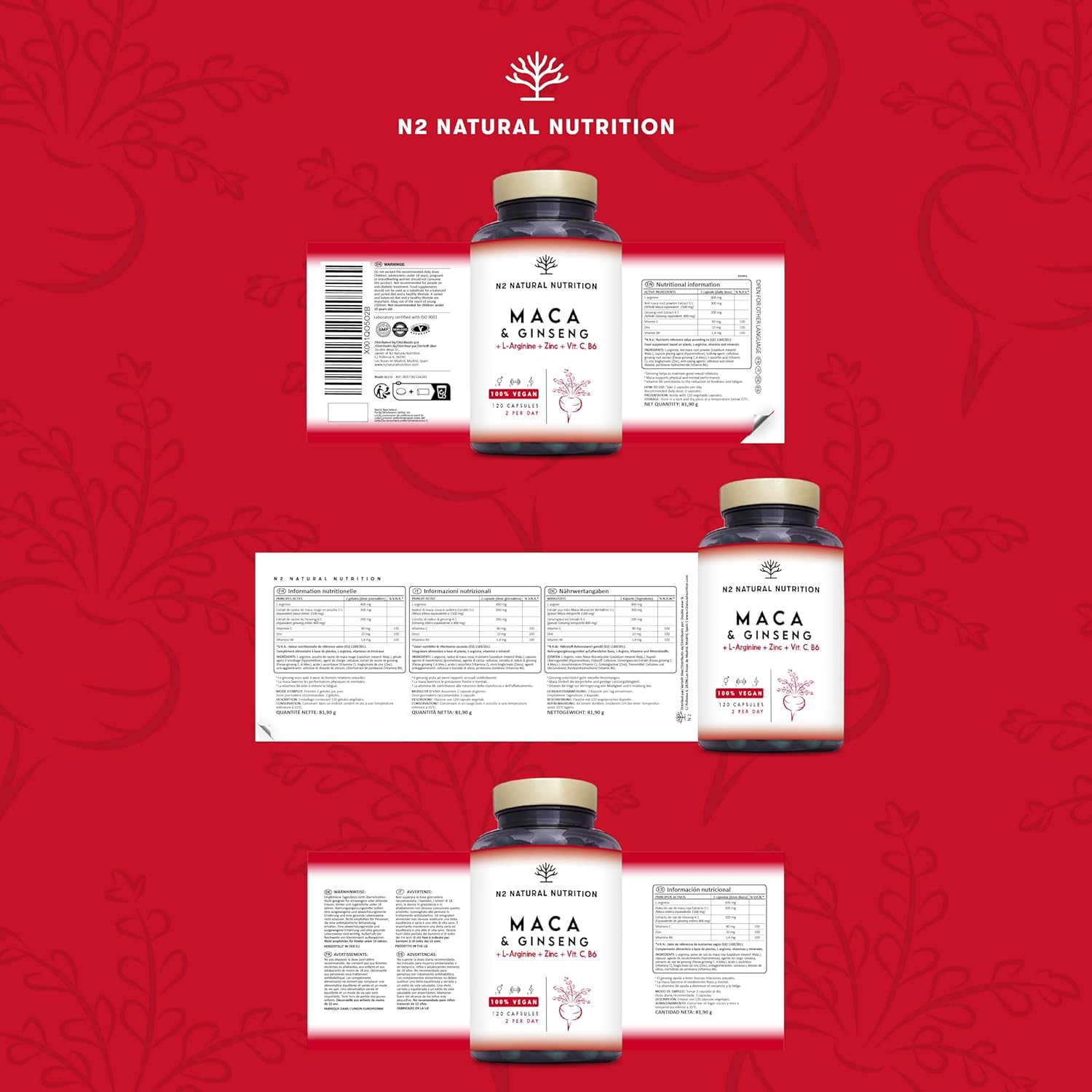 Maca Complex with Ginseng, Arginine, Vitamins, Zinc. Hormone Regulator, Anti-stress, Energy. 120 Capsules 60 Days. Increases Endurance and Energy. 100% Natural. CE. N2 Natural Nutrition - Image 8