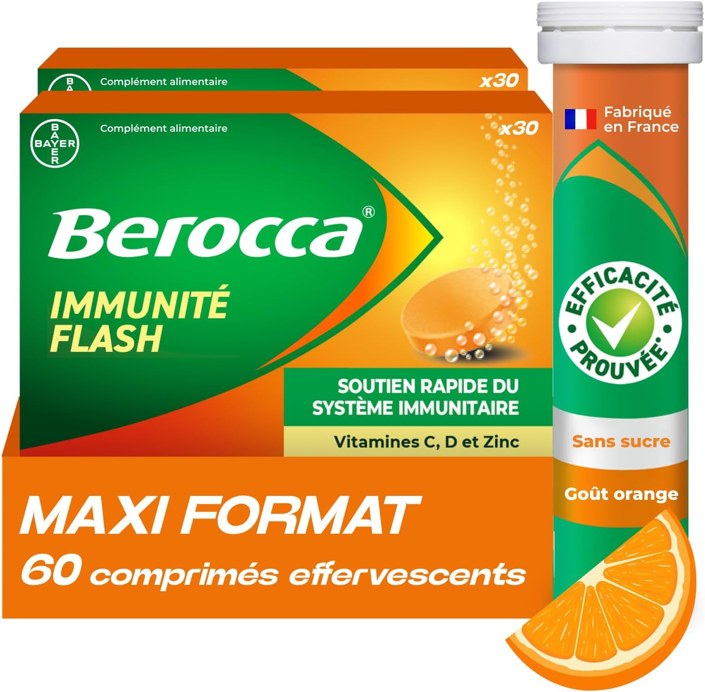 Berocca Flash Immunity - Immune System Support - Food Supplement Immunity - Zinc, Vitamin D & C - Multivitamins and Minerals - Orange Taste - Maxi Format 60 Effervescent Tablets - Image 2