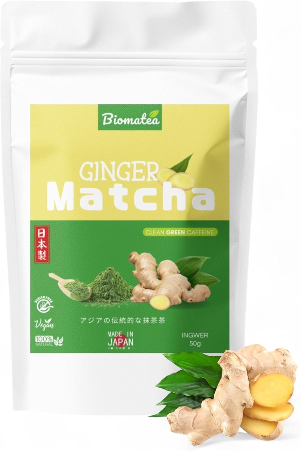Biomatea Matcha Ingembre Tea 50g - Ceremonial Quality from Japan - Premium Green Tea with Ginger Japanese Ginger Powder - First Harvest, Superfood, Vegan, Sugar Free - Image 2