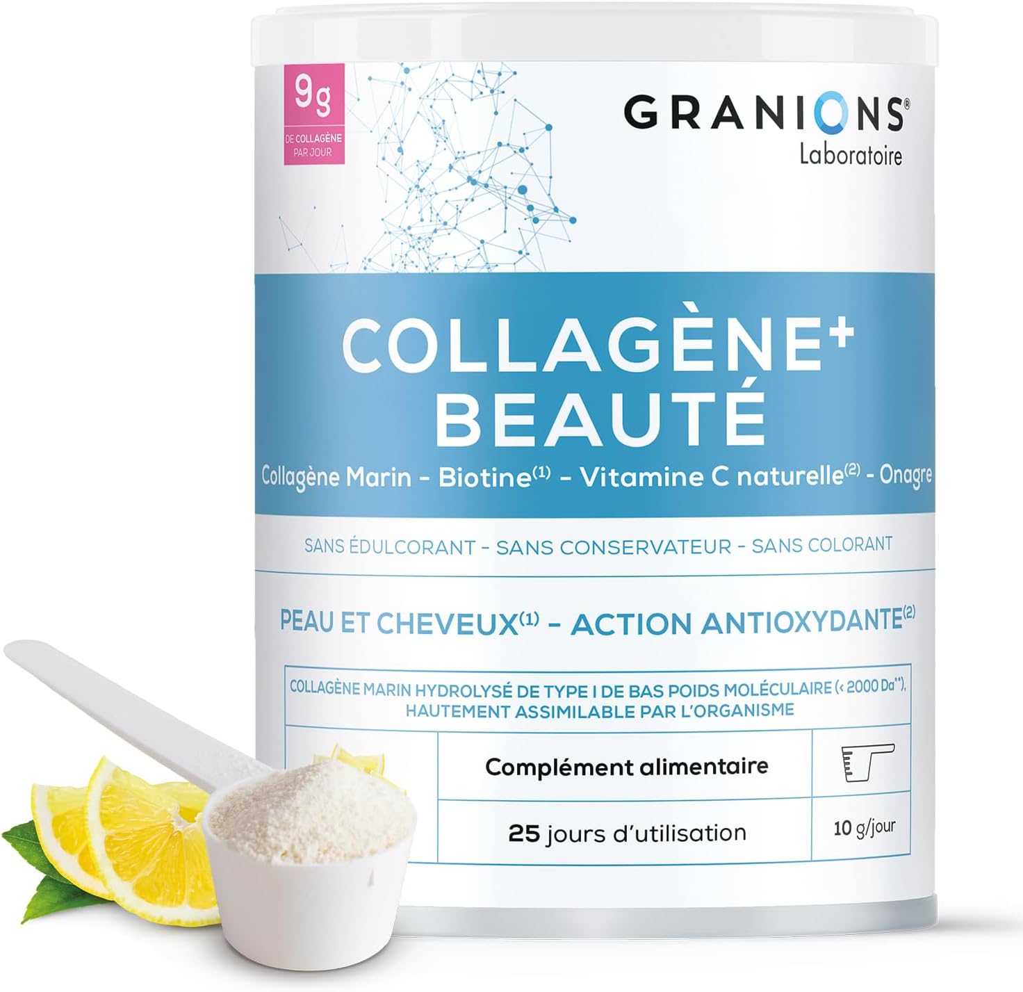 GRANIONS Collagen Marine + Beauty Collagen and Hyaluronic Acid, Biotin Hair, Vitamin C - Beauty Skin - Food Supplement for Hair - High Assimilation, Collagen Lemon Flavour - Powder 250 g - Image 2