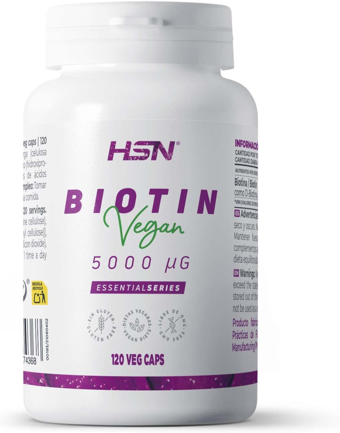 HSN Biotin 5000mcg, Vitamin for Hair, Growth and Prevent Falling, Strengthening Nails, Softer and Softer Skin, Vegan, Gluten Free, 120 Vegetable Capsules - Image 2