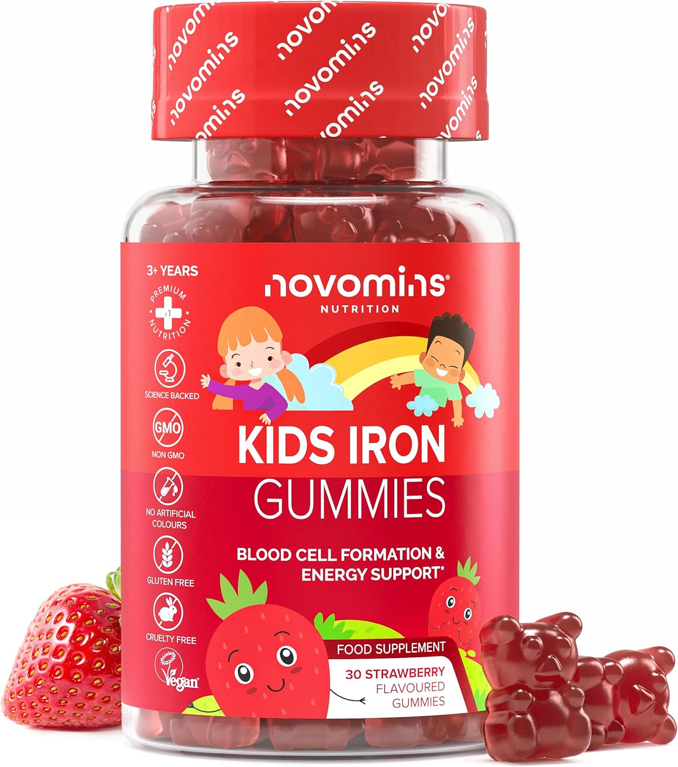 Iron Gummies Child - 2.5mg Iron + Vitamin C 12mg - Immunity, Growth, Fatigue - Vegan, Gluten Free, Gelatin Free - 30 Erasers Strawberry Flavour - Chewable Supplement - Novomins - Image 2