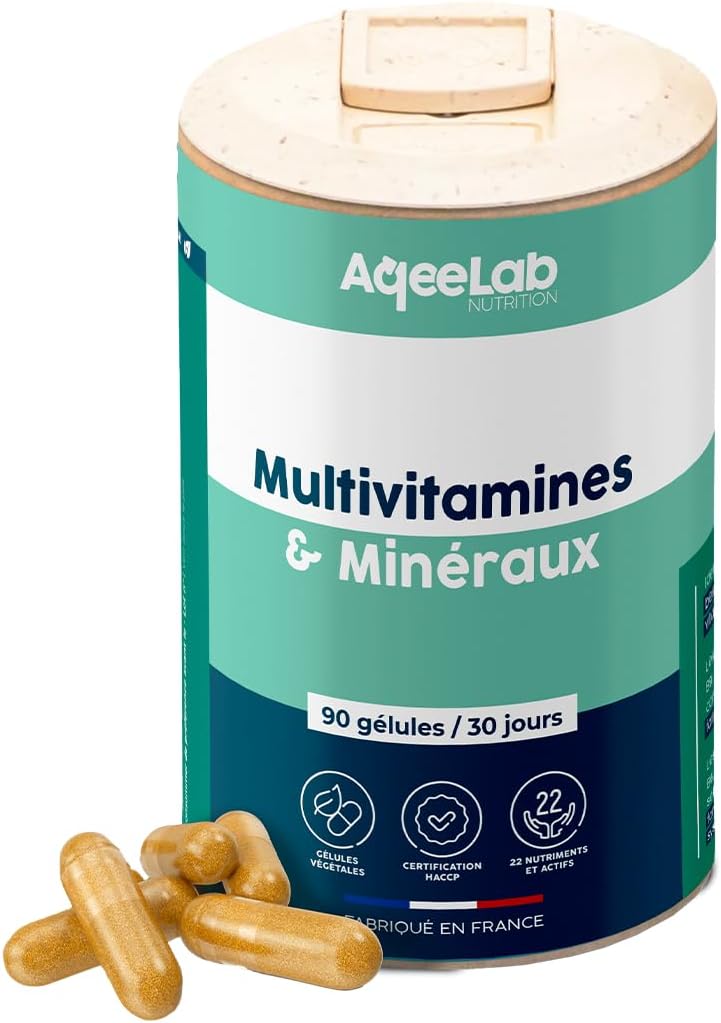 Multivitamins & Minerals • Reduces fatigue & boosts energy • 22 vitamins, minerals & natural active ingredients: A,B,C,D,E, Magnesium, Zinc • 30 days • Made in France • eco-friendly brand • AqeeLab - Image 2