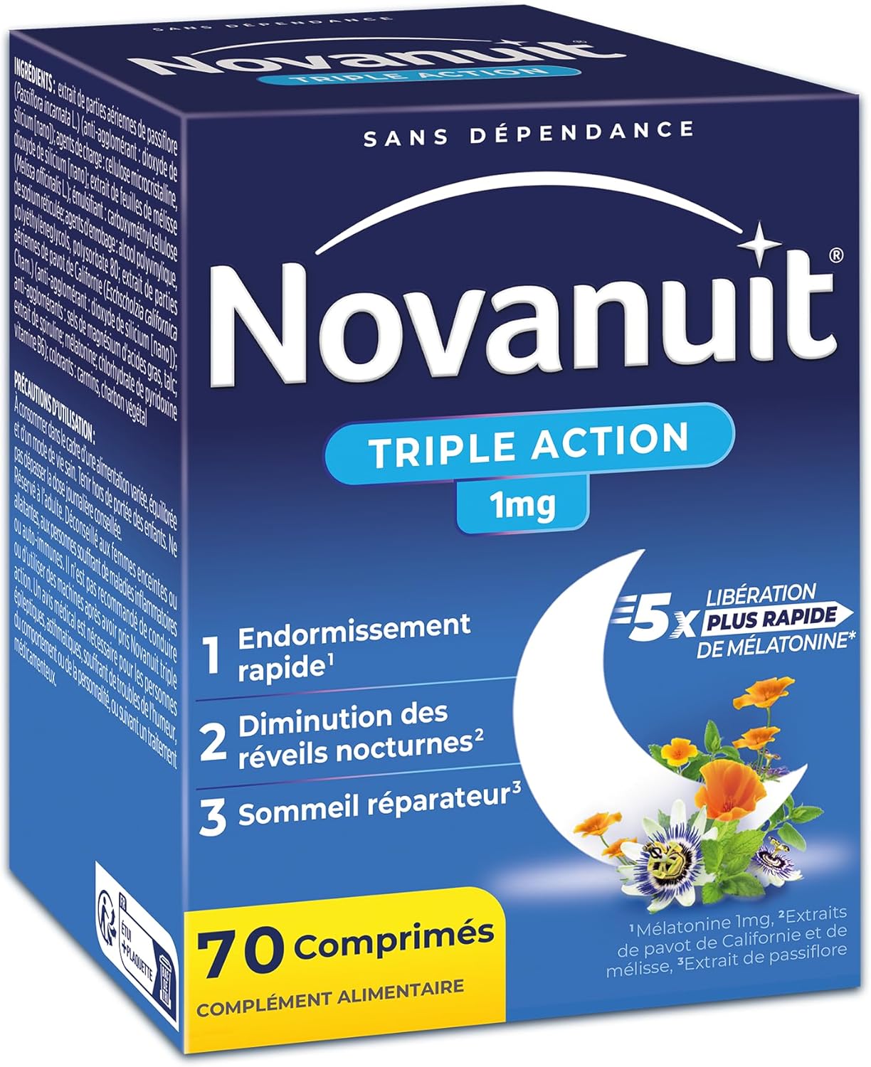 NOVANUIT TRIPLE ACTION – Sleeping – Food Supplement – Night Wake-up – Restful Sleep – Melatonin 1mg Plants Vitamin B6 – 70 Tablets – Adult Only - Image 2