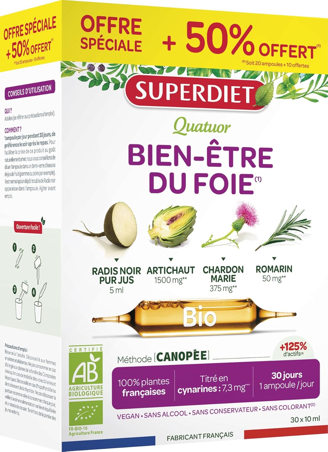 SUPERDIET - BIO FOIE QUATUOR WELLNESS - Black radish, Artichoke, Milk thistle, Rosemary - Made in France - Economy size - 30 bulbs - Image 2