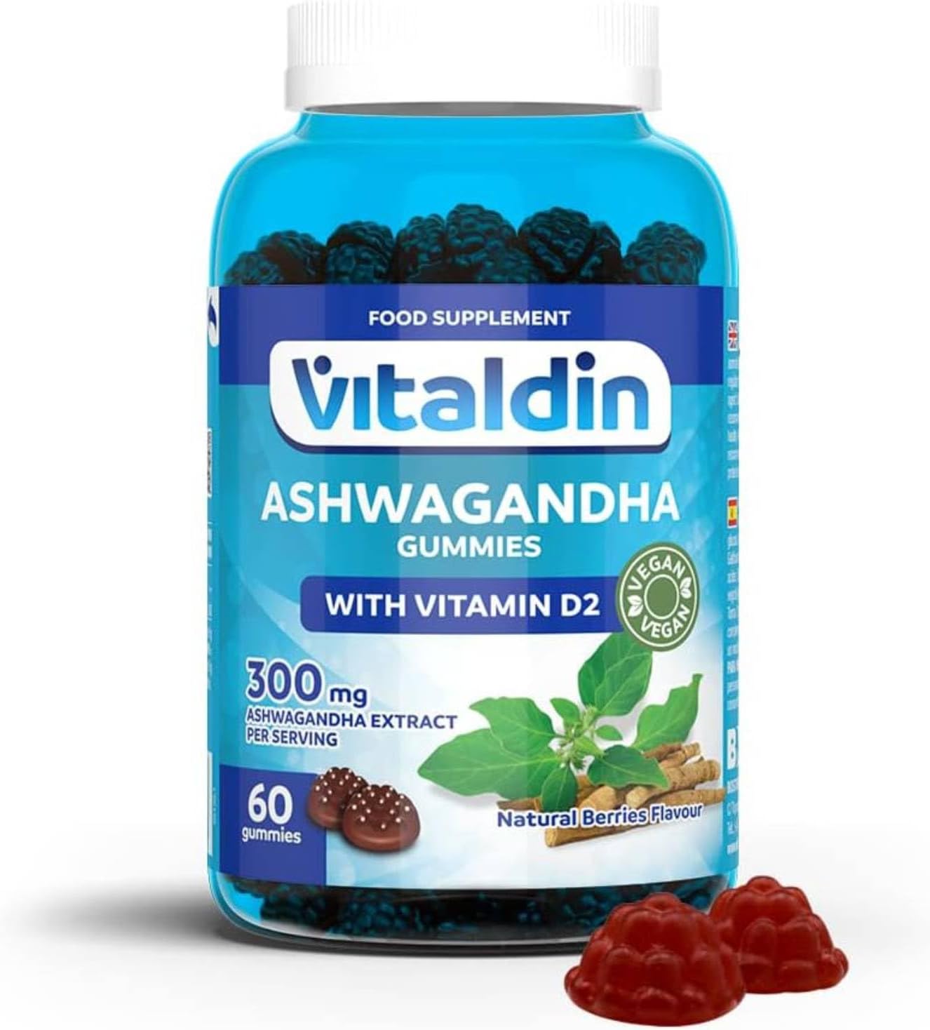 VITALDIN Ashwagandha Gummies – 300 mg Ashwagandha Root Extract KSM-66 & 1,000 IU Vitamin D2 – 60 Gums (for 1 Month) Red Fruit Taste – Adaptogen Anti-Stress; Calm and Relaxation – Vegan - Image 2