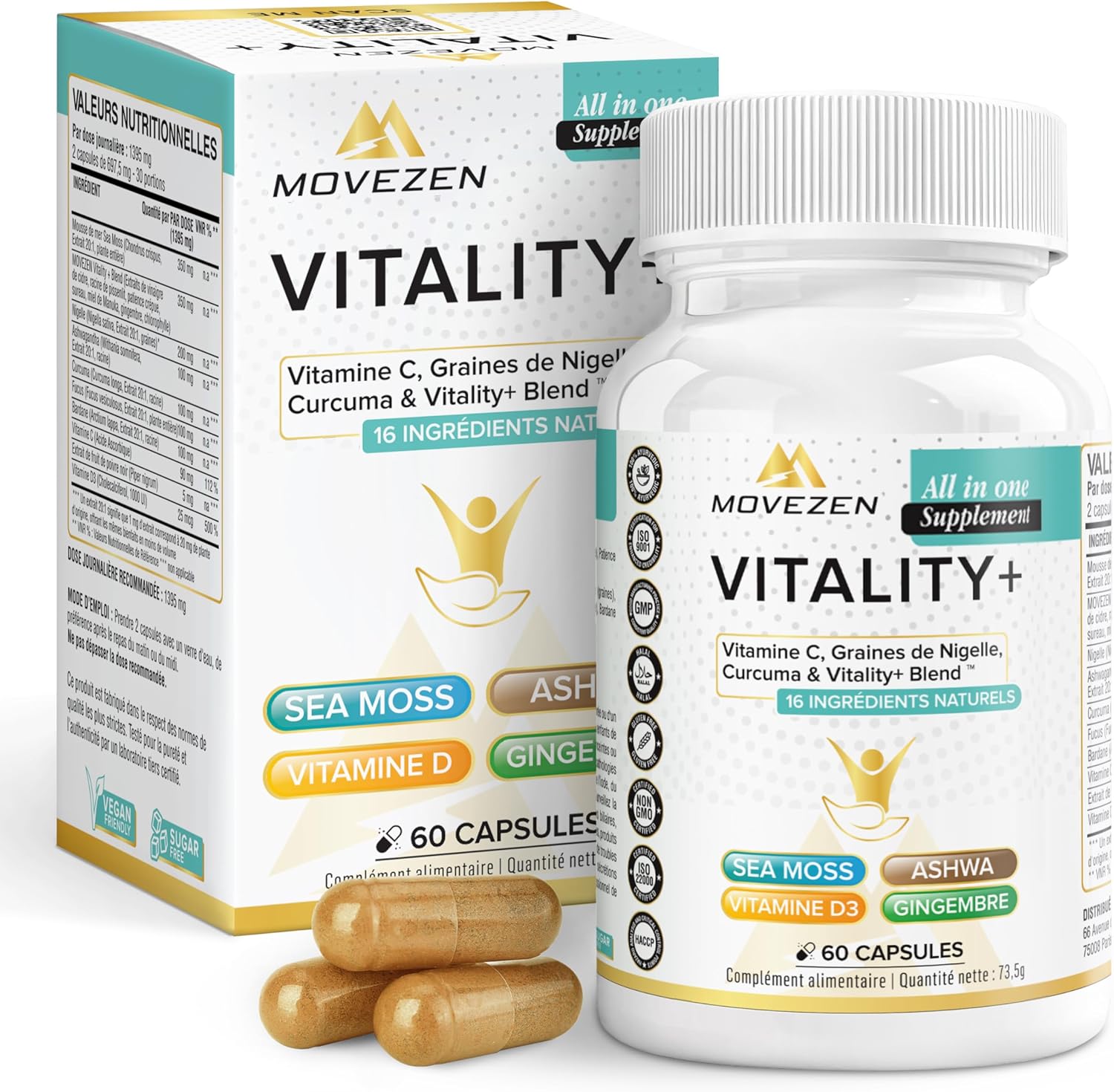 VITALITY + 16-in-1 Anti-Stress Multivitamin, Sea Moss, Ashwagandha & Turmeric, Vitamins C & D, Energy, Fatigue Reduction, Immunity & Mental Wellness, 60 Vegan Softgels - Image 2