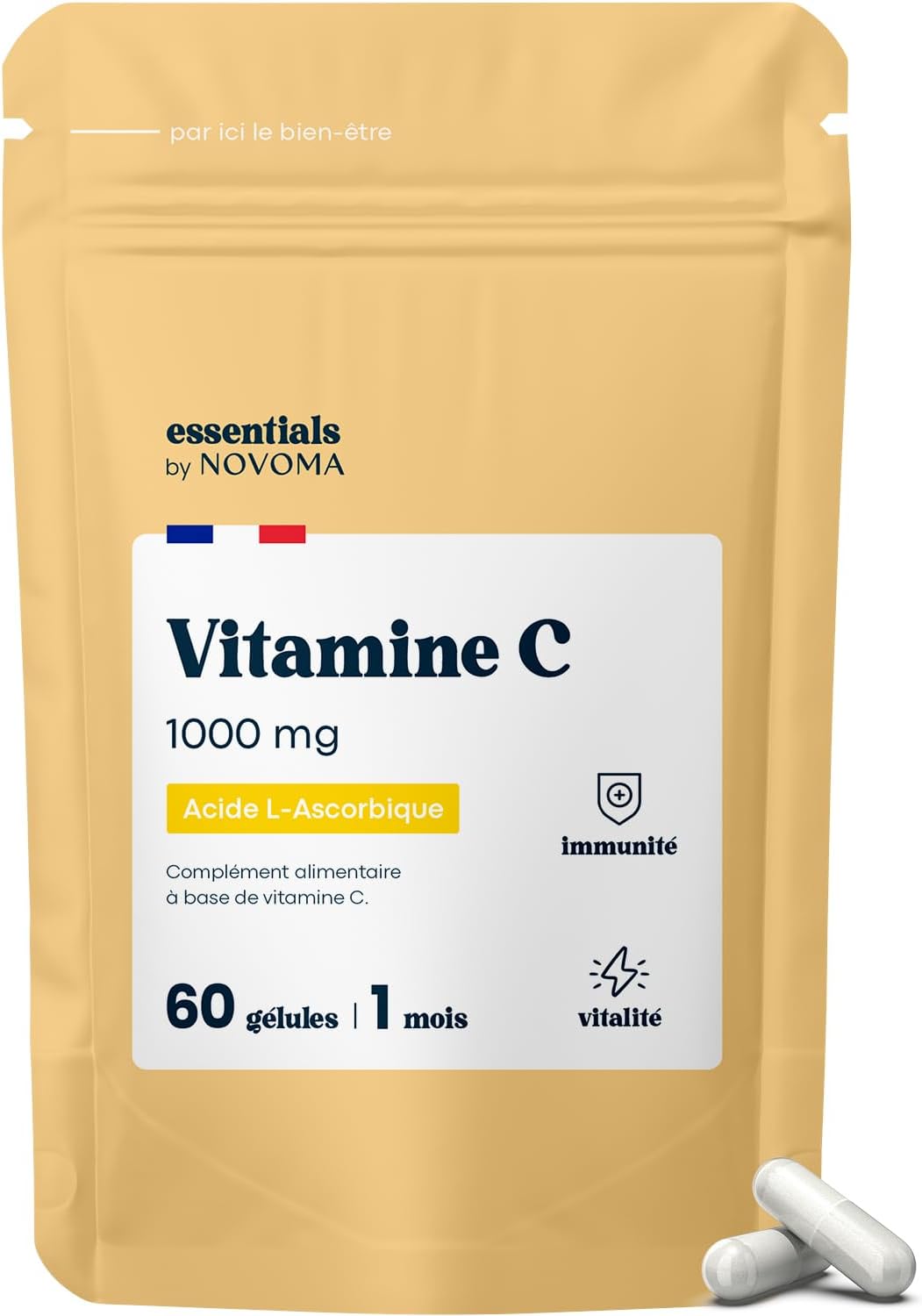 Vitamin C 1000mg, Reduces Fatigue and Supports the Immune System, 1 Month Cure, 60 Vegetable Capsules, 100% Pure Ascorbic Acid, Made in France, Essentials by Novoma - Image 2