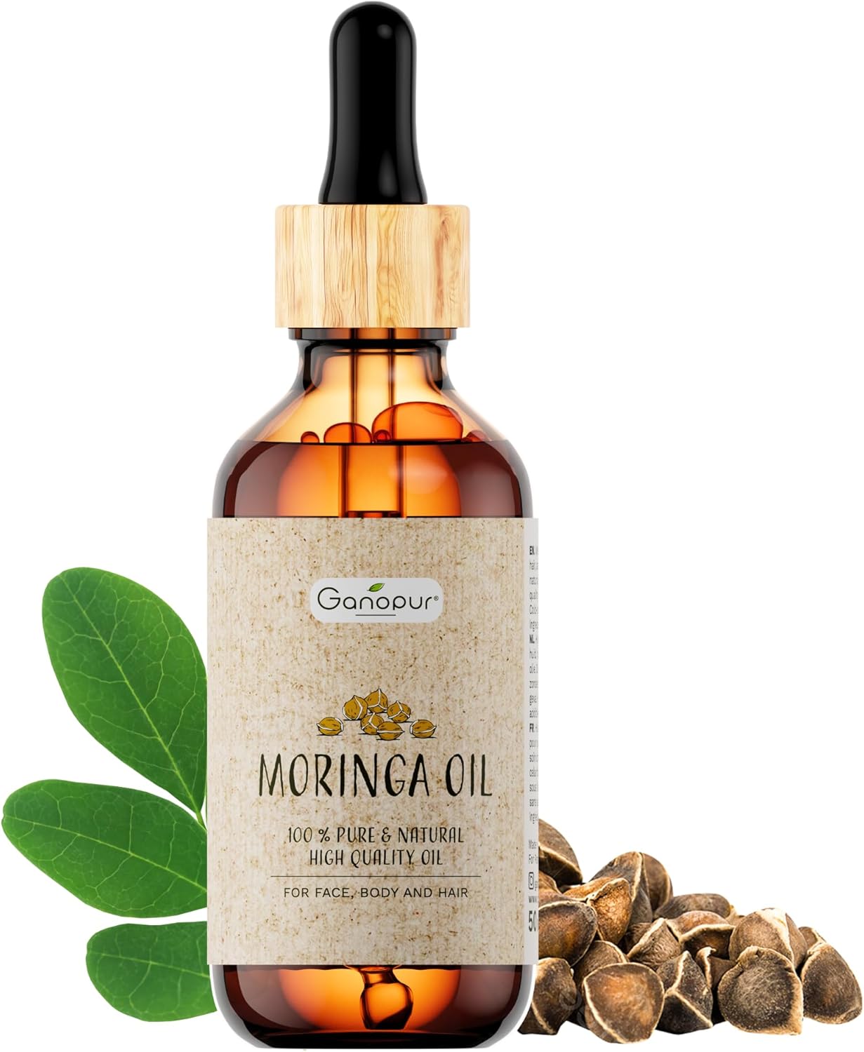 100% Natural Organic Moringa Oil - Face, Body & Hair - Moisturizing, Repairing & Anti-Aging - Pure Seeds - Vitamins A, C & E - 50ml | GANOPUR - Image 2