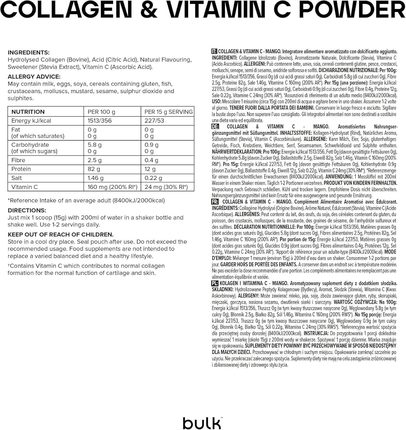 Bulk Collagen & Vitamin C Powder, 12,000mg Per Serving, Hydrolyzed Collagen Peptides, Type 1 & Type 3, Collagen Peptides, Mango, 500g - Image 8