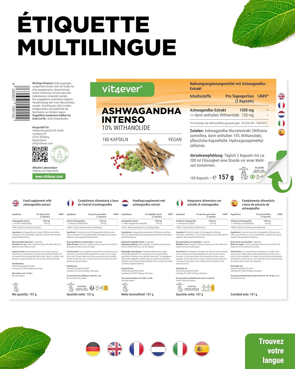 Ashwagandha - 180 capsules with 750 mg pure extract - Premium: 10% withanolides - high purity - vegan - extra high dose - premium quality - Image 7