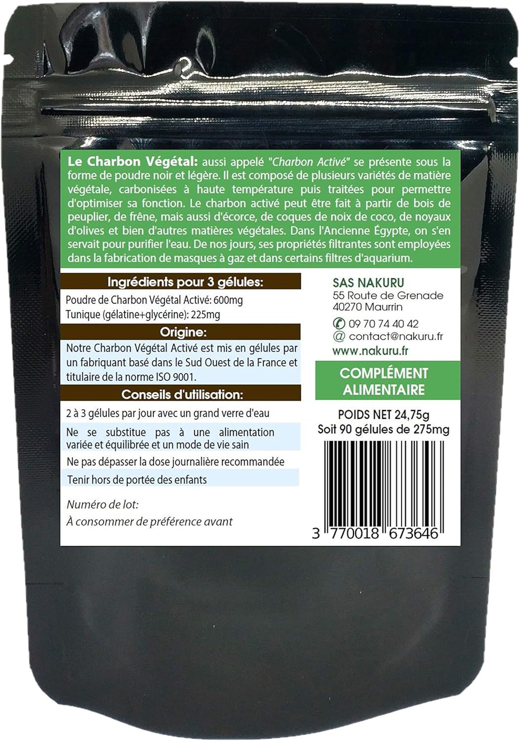 NAKURU | Vegetable Charcoal | Balance Range | Made in France | "Le Diamant Noir!" | (90 Capsules of 275mg / Net Weight: 24.5g) - Image 3