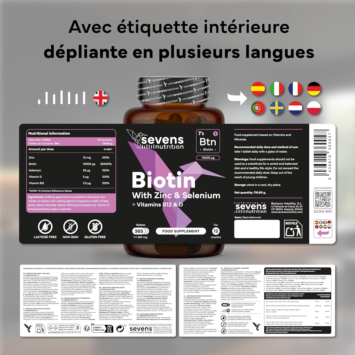 Biotin 10000mcg Hair Skin Nails - Supplement with Zinc Selenium Vitamins B12 D - 365 Tablets - Gluten Free Lactose - Sevens - Image 8