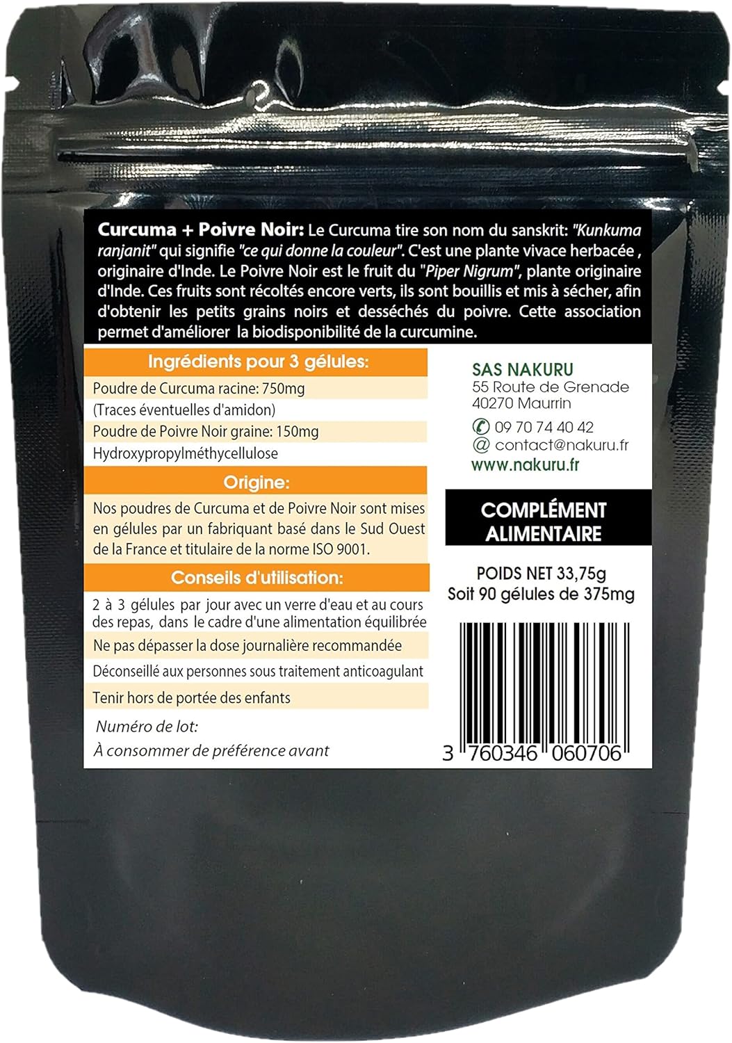 NAKURU | Turmeric + Black Pepper | Power Range | Made in France | "L'Association Ultime!" | (90 Capsules of 375 mg/Net Weight: 33.5 g) - Image 3