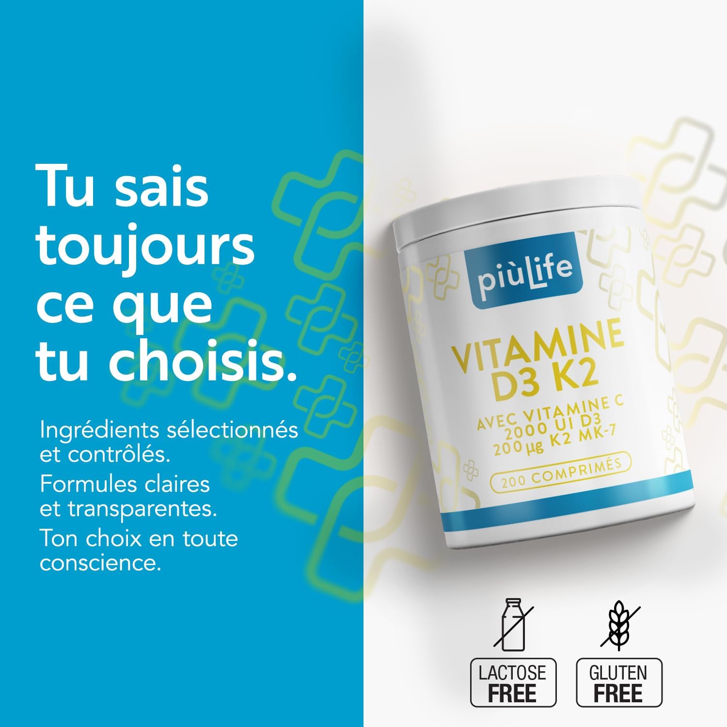 Vitamin D3 K2 Mk7 With Vitamin C 200 Tablets Piulife® Vitamin D 2000 IU, Vitamin K2 200mcg, Vit C 125mg, Vitamins For Teeth Bone, Adult Immunity, Boost Energy, D3 K2 Natural - Image 6