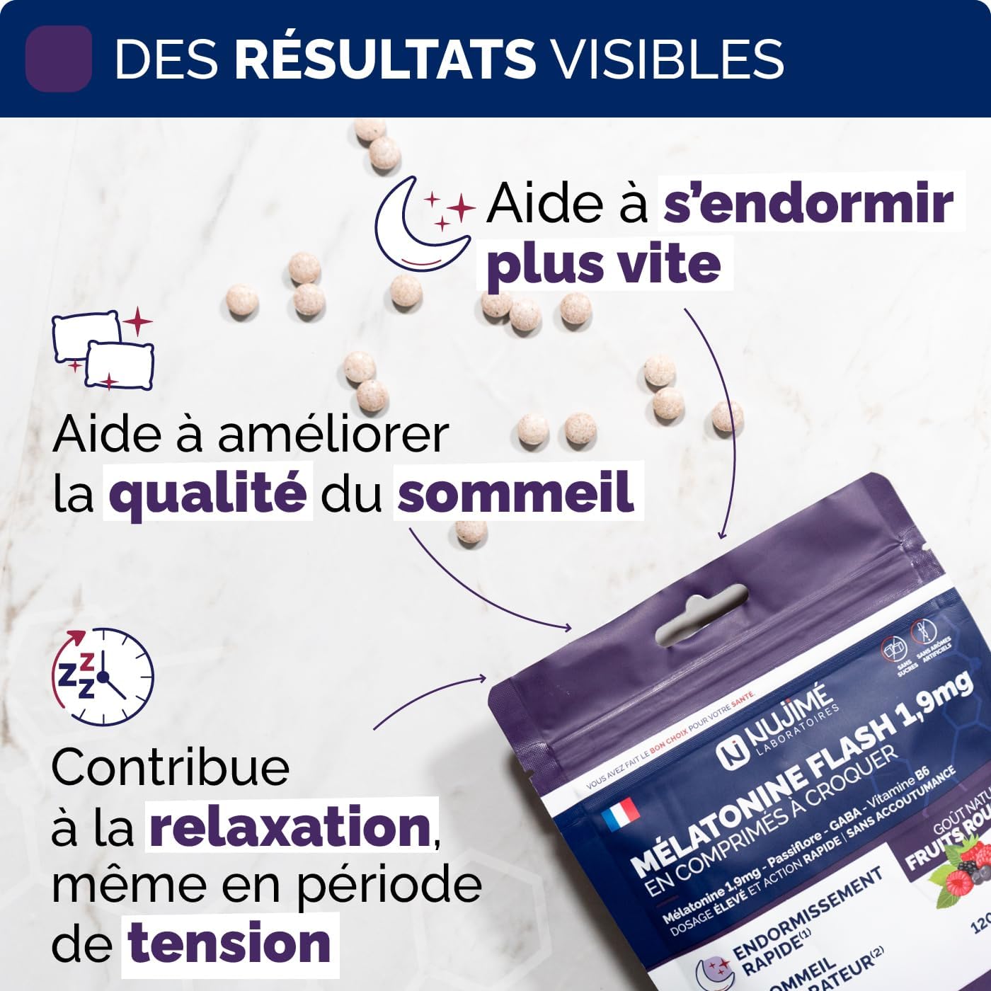 Melatonin Flash 1.9mg | Fast acting, 0 habituation | Fast Sleep, Sleep & Jet Lag | with Passionflower, GABA, Vitamin B6 | Made in France (120 Tablets) - Image 3