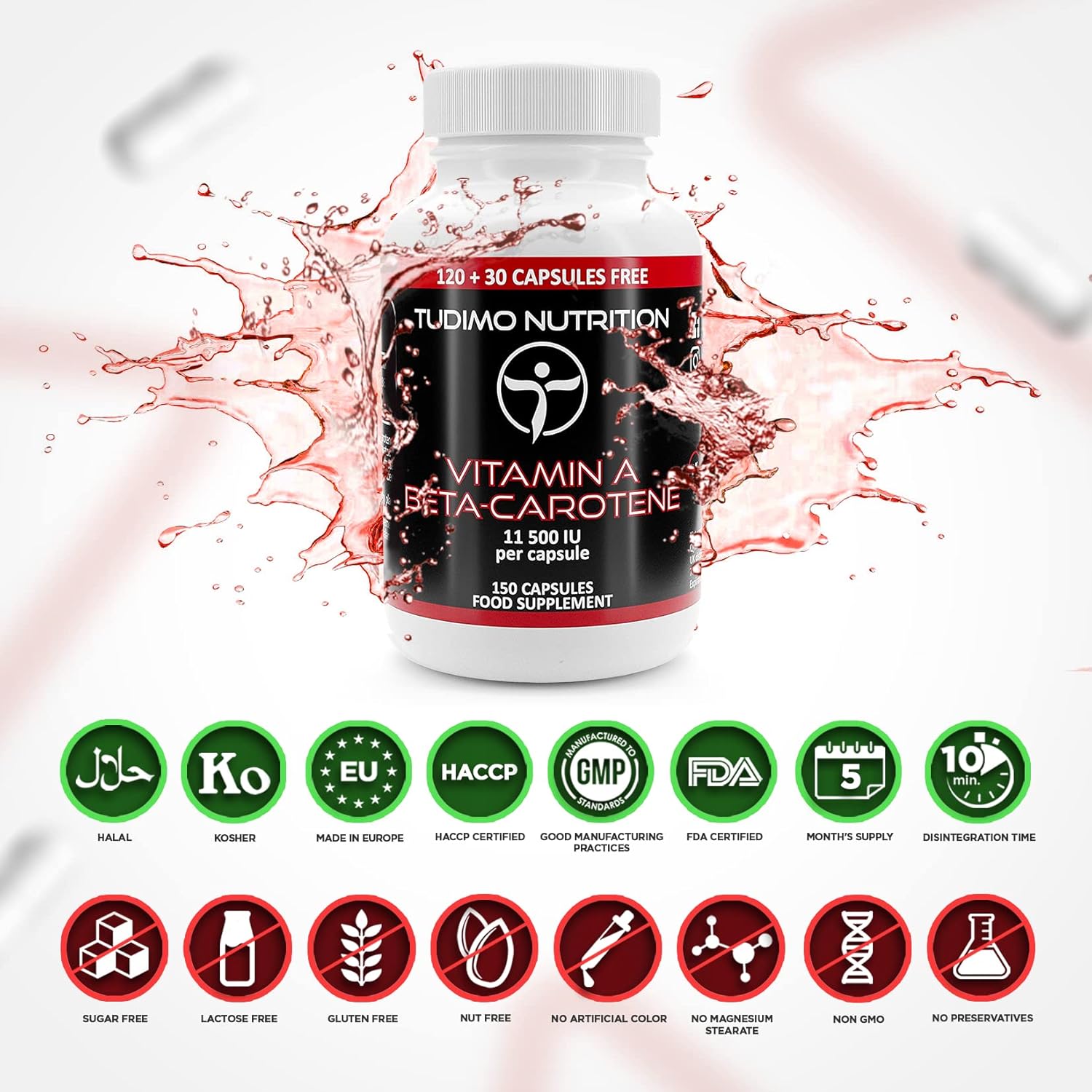 Vitamin A Beta Carotene Capsule 11,500 IU - 150 Quick Disintegrating Capsules (5 months) Each with 6.9mg Dietary Supplement Beta Carotene Powder (Betacarotene Supplement) - Image 5