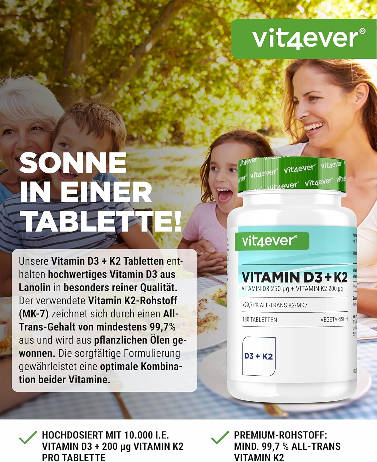 Vitamin D3 10,000 I.E + Vitamin K2 200 mcg Menaquinone MK7 Depot - 180 Tablets - 99.7+% All-Trans - Vegetarian - High Dosed - Image 3