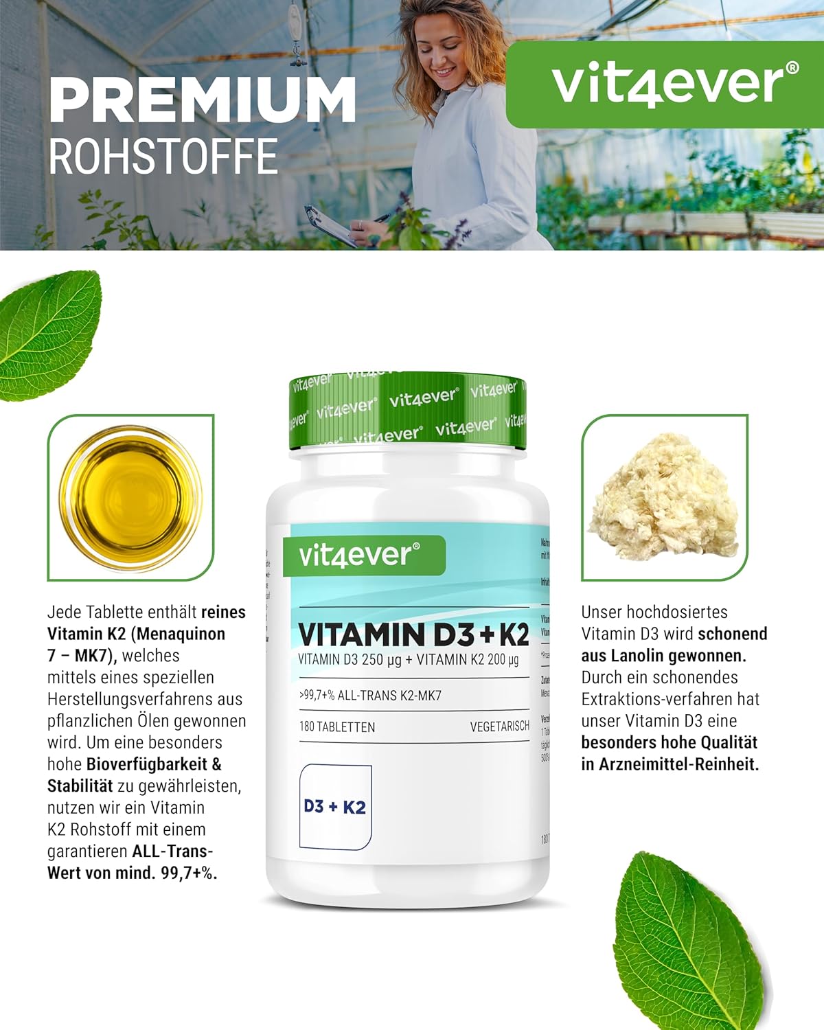 Vitamin D3 10,000 I.E + Vitamin K2 200 mcg Menaquinone MK7 Depot - 180 Tablets - 99.7+% All-Trans - Vegetarian - High Dosed - Image 4