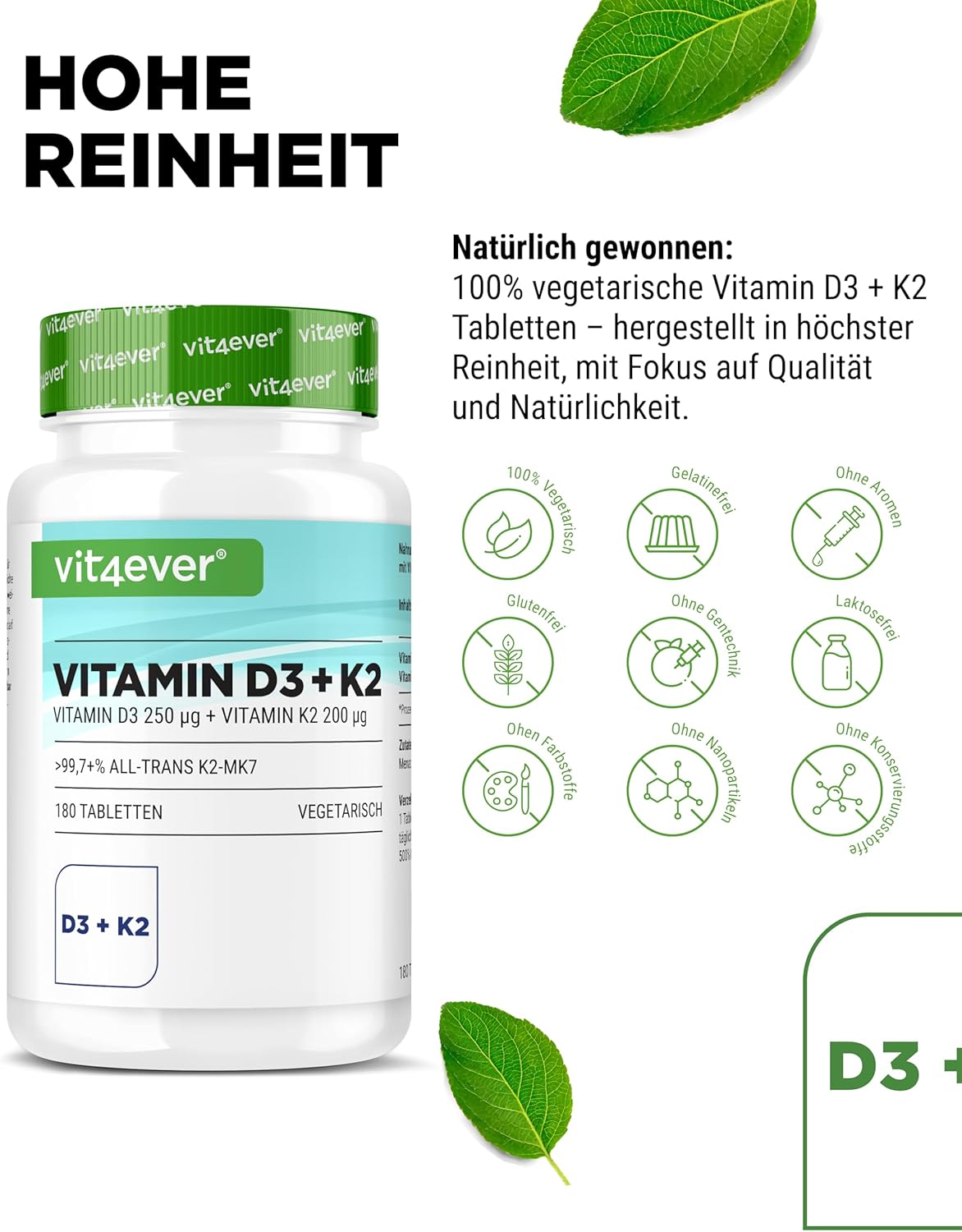 Vitamin D3 10,000 I.E + Vitamin K2 200 mcg Menaquinone MK7 Depot - 180 Tablets - 99.7+% All-Trans - Vegetarian - High Dosed - Image 5