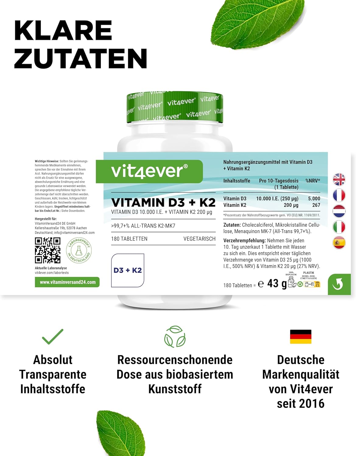 Vitamin D3 10,000 I.E + Vitamin K2 200 mcg Menaquinone MK7 Depot - 180 Tablets - 99.7+% All-Trans - Vegetarian - High Dosed - Image 7