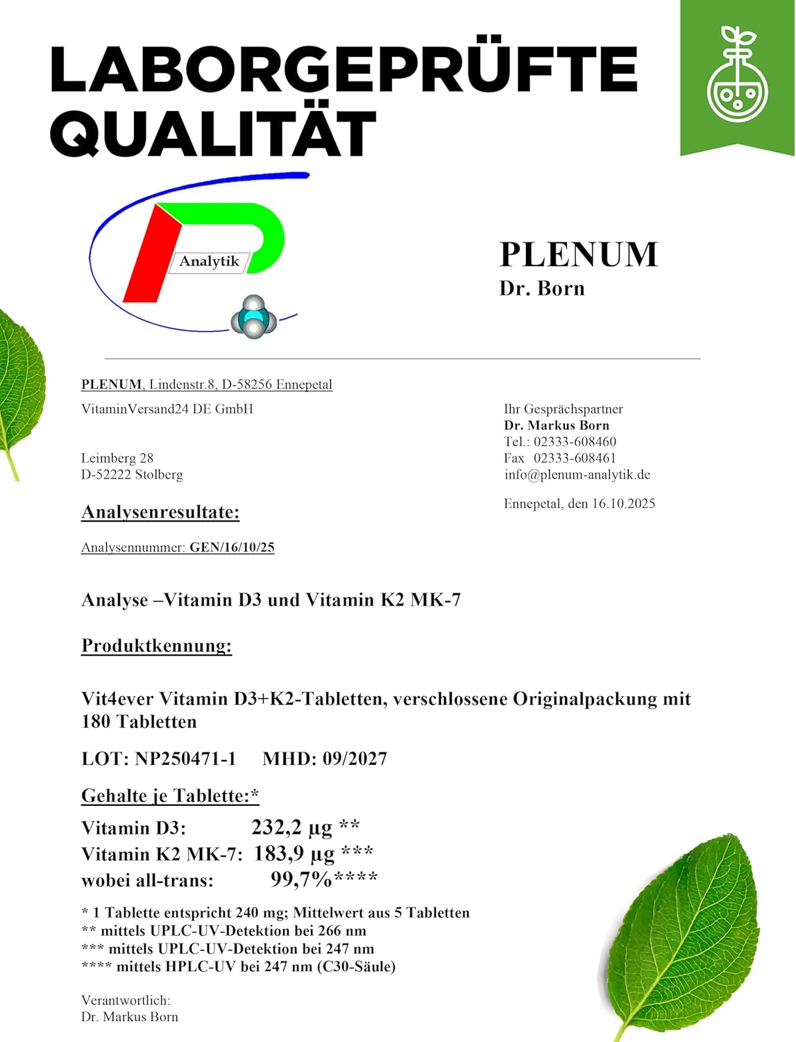 Vitamin D3 10,000 I.E + Vitamin K2 200 mcg Menaquinone MK7 Depot - 180 Tablets - 99.7+% All-Trans - Vegetarian - High Dosed - Image 9