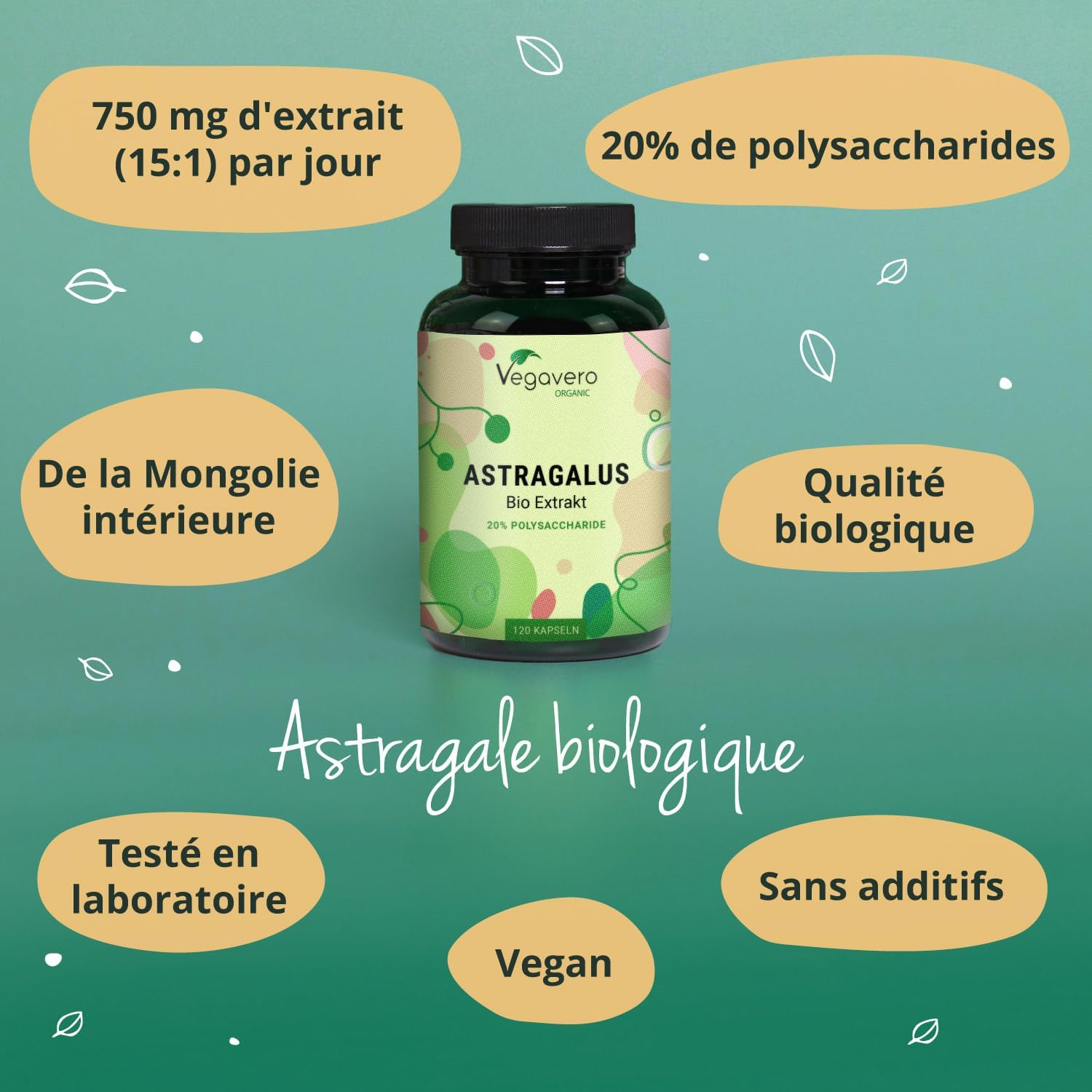 Astragalus Organic Vegavero® | PREMIUM Quality: 20% Polysaccharides | 750 mg Astragalus Extract (15:1) | Immunity + Anti Stress | 120 Capsules | VEGAN - Image 5