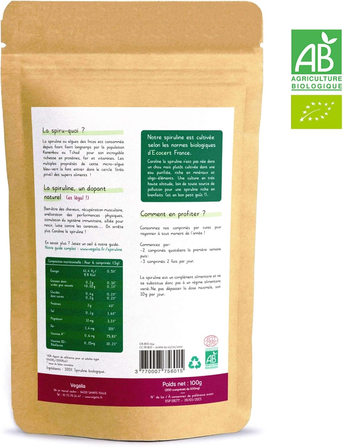 Organic Spirulina Ecocert France certified, 200 cold pressed tablets, 100% pure and natural. - Image 3