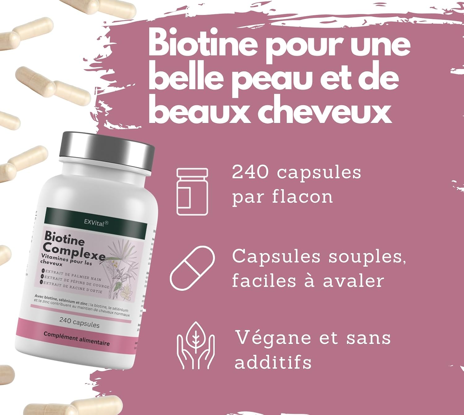 EXVital Biotin Complex, Hair Vitamins, With Dwarf Palm, Squash Seed and Nettle Root Extracts, 240 Vegan Capsules, Enriched with Selenium and Zinc, Lab Tested - Image 4