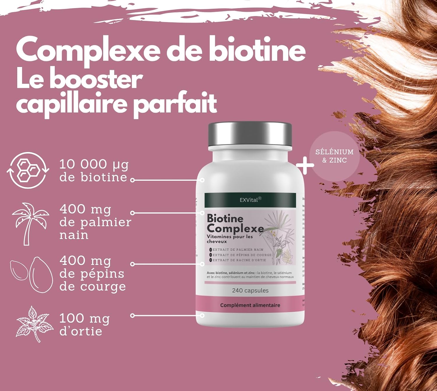EXVital Biotin Complex, Hair Vitamins, With Dwarf Palm, Squash Seed and Nettle Root Extracts, 240 Vegan Capsules, Enriched with Selenium and Zinc, Lab Tested - Image 5