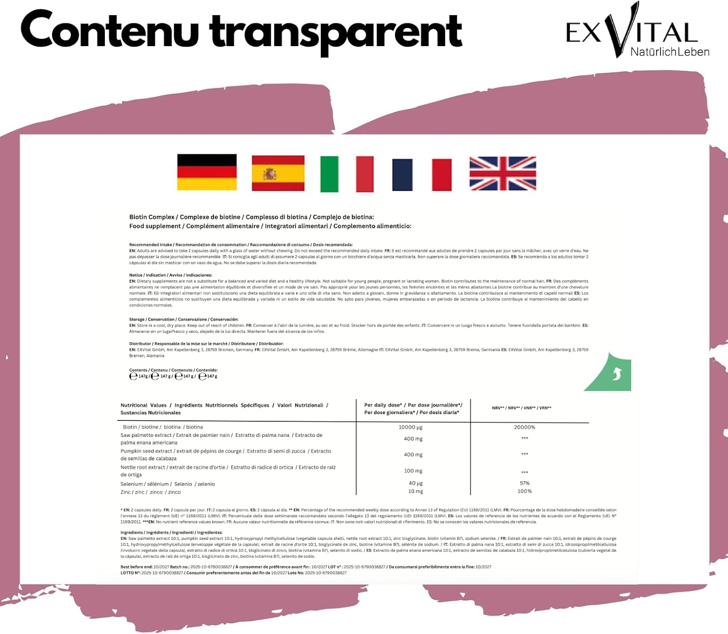 EXVital Biotin Complex, Hair Vitamins, With Dwarf Palm, Squash Seed and Nettle Root Extracts, 240 Vegan Capsules, Enriched with Selenium and Zinc, Lab Tested - Image 9