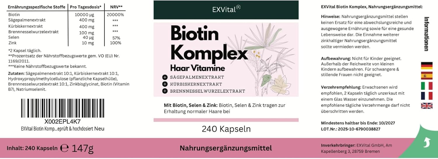 EXVital Biotin Complex, Hair Vitamins, With Dwarf Palm, Squash Seed and Nettle Root Extracts, 240 Vegan Capsules, Enriched with Selenium and Zinc, Lab Tested - Image 11