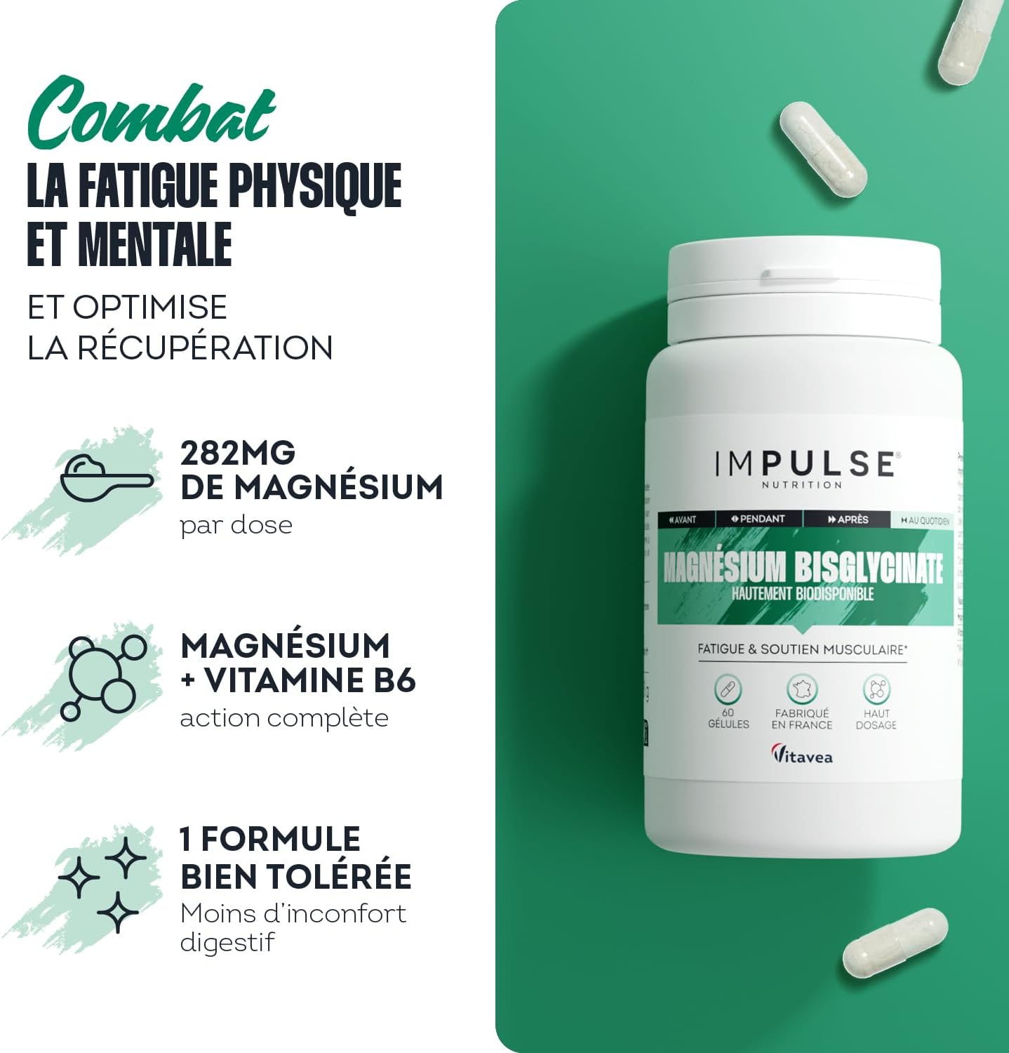 Magnesium Bisglycinate - Vitamin B6 - Fatigue, Energy & Recovery - High Absorption - Food Supplement - 60 Capsules - Made in France - IMPULSE NUTRITION - Image 3