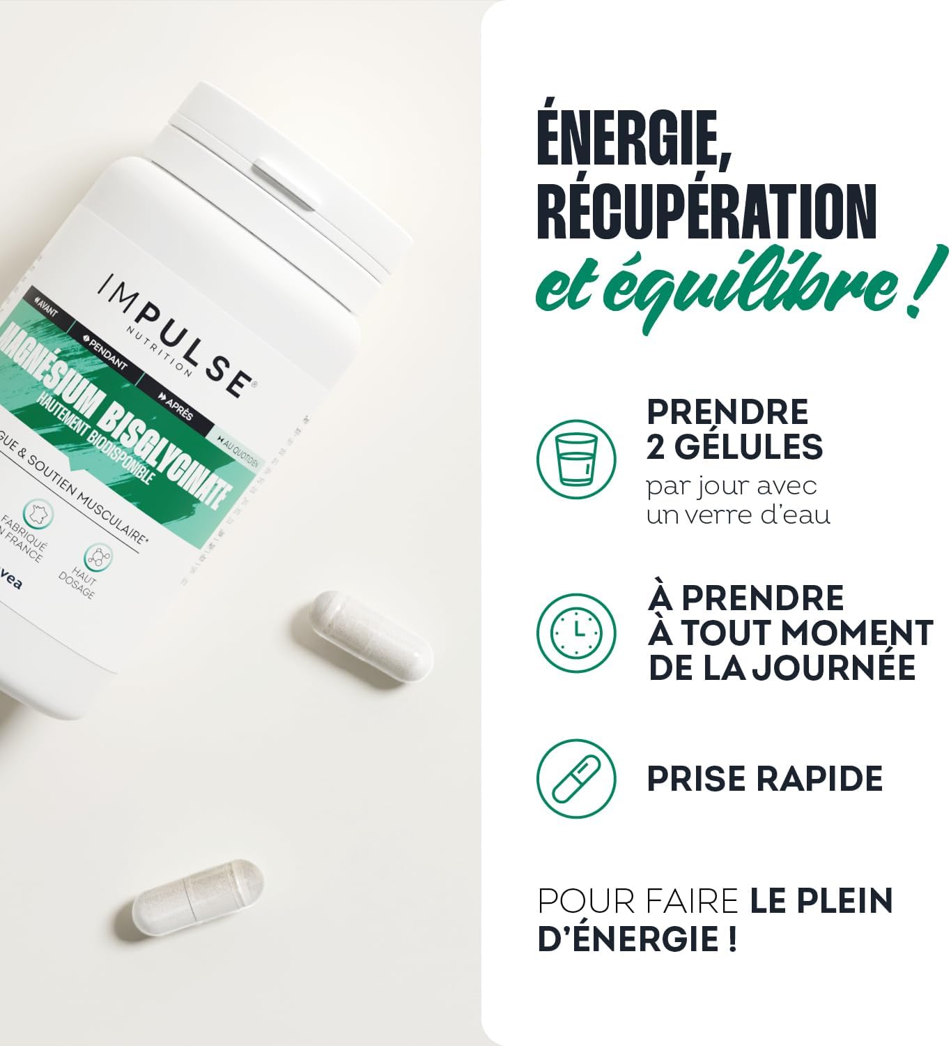 Magnesium Bisglycinate - Vitamin B6 - Fatigue, Energy & Recovery - High Absorption - Food Supplement - 60 Capsules - Made in France - IMPULSE NUTRITION - Image 6