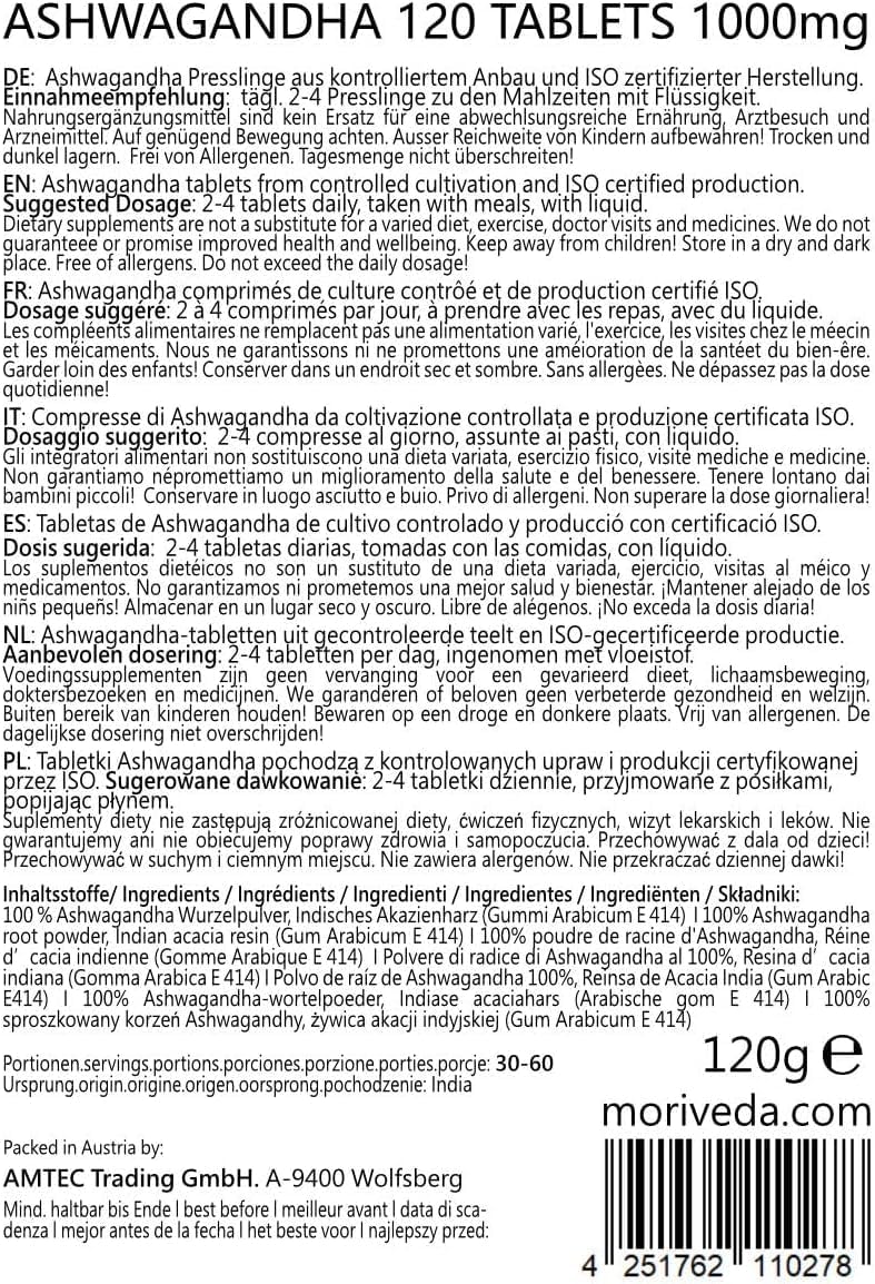 Ashwagandha 1000mg Tablets or Capsules 600mg - Premium Pure Natural Product - Winter Cherry, Indian Ginseng (120 Tablets) - Image 9