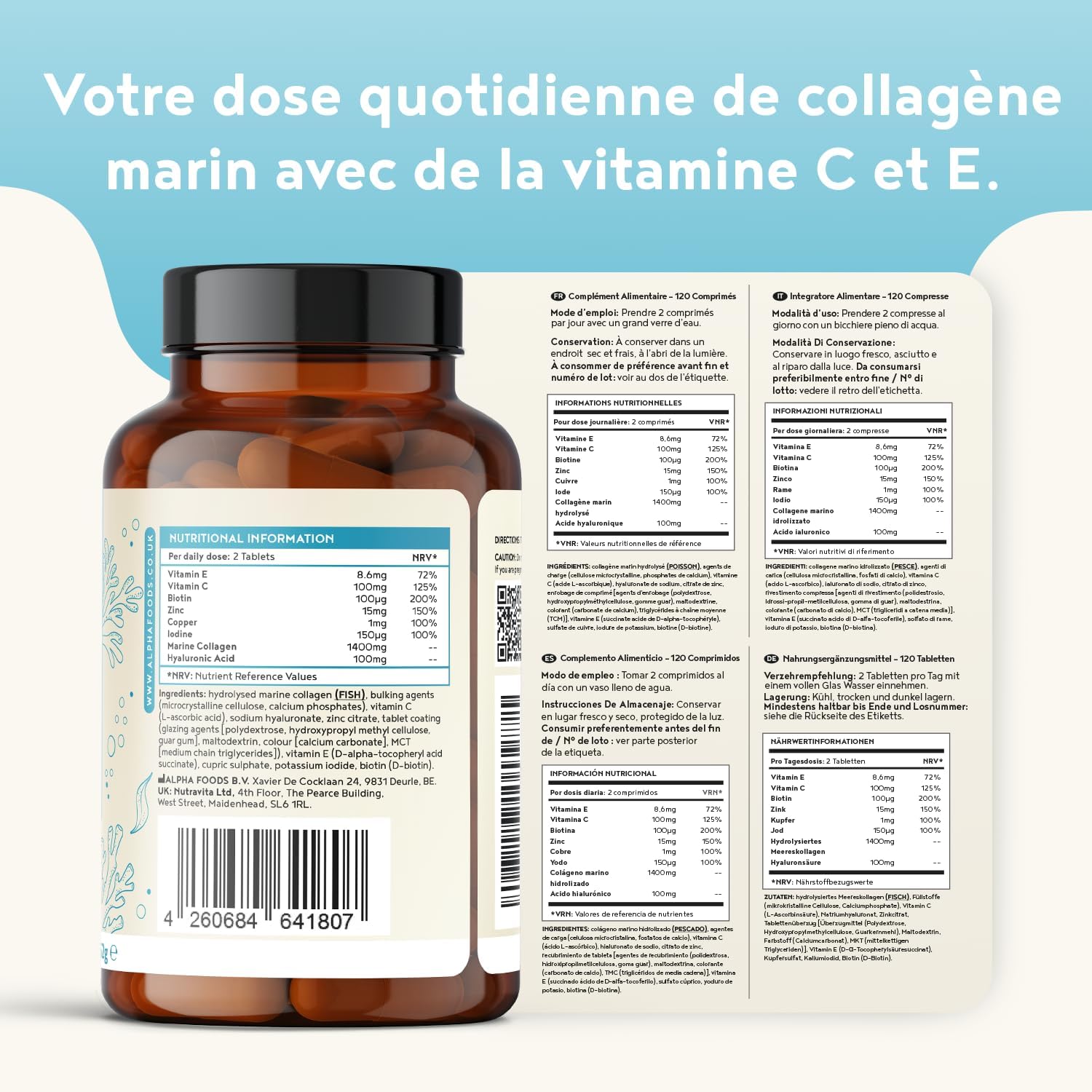 Marine Collagen 1400mg | with Hyaluronic Acid, Vitamin C, E, Zinc, Copper & Biotin (B7) | 120 Tablets | Hydrolyzed Collagen (Type 1) for Joints, Skin, Hair & Nails | Alpha Foods - Image 5