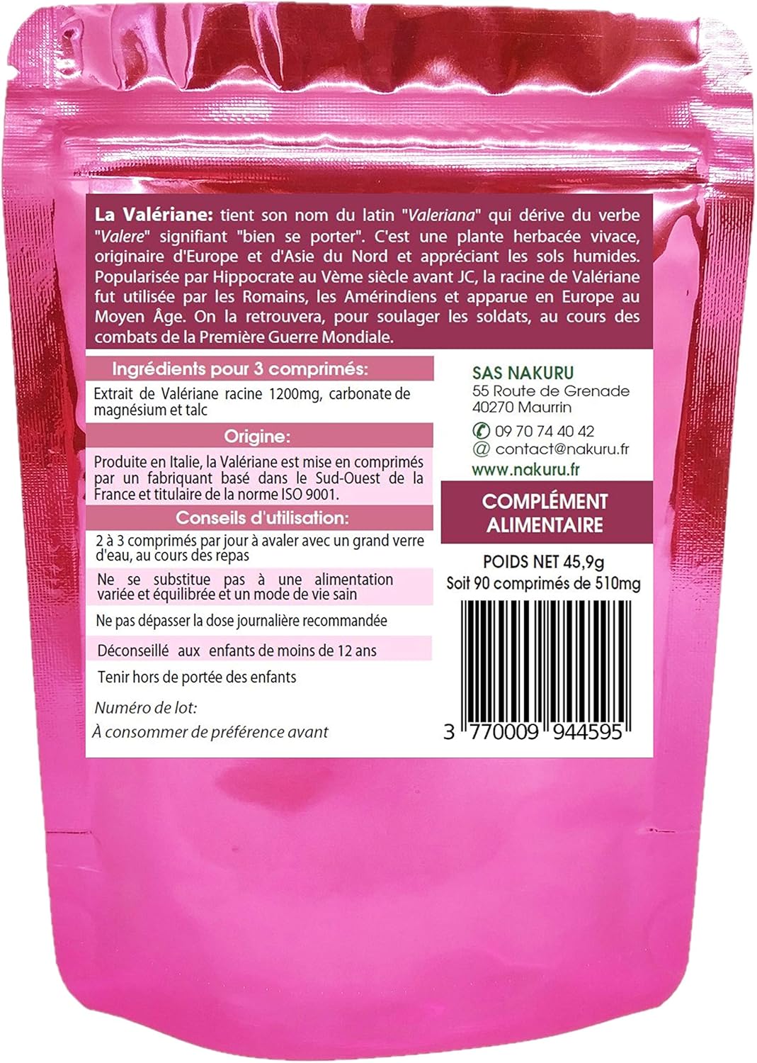 NAKURU | Valerian | NAKURU Relax | Made in France | "La Root du Sommeil Naturel!" (90 Tablets of 510mg / Net Weight: 46g) - Image 3