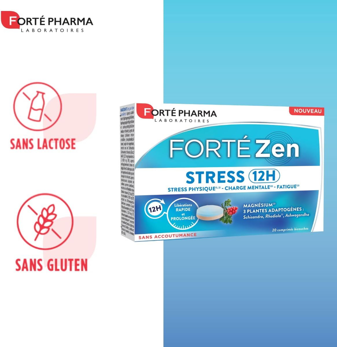 Forté Pharma - Forté Zen Stress 12H - Adult Fatigue Extended Release Dietary Supplement - Vitamin B6, Magnesium, Rhodiola, Ashwagandha, Spirulina - 20 Two-Layer Tablets, 1/Day - Image 5