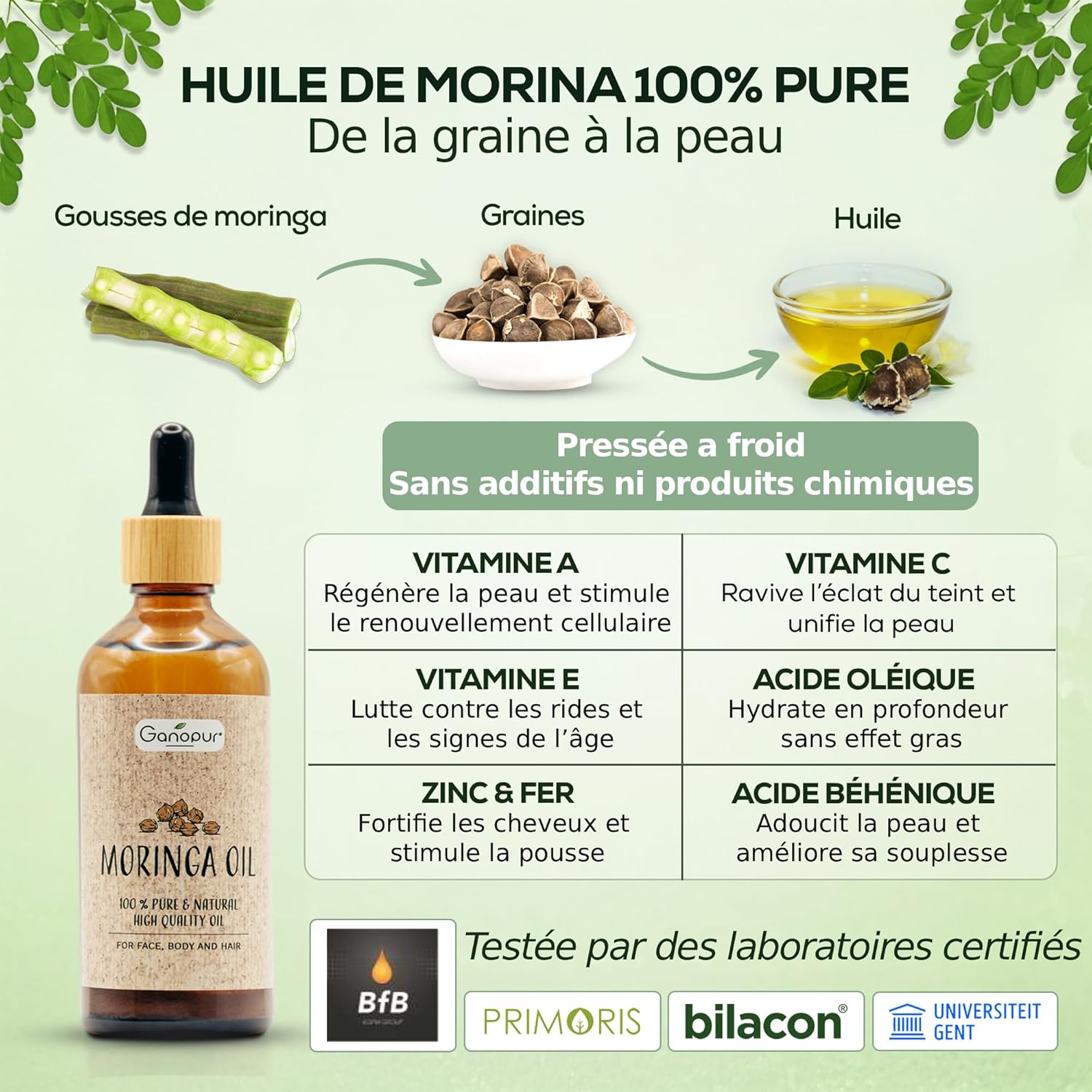 100% Natural Organic Moringa Oil - Face, Body & Hair - Moisturizing, Repairing & Anti-Aging - Pure Seeds - Vitamins A, C & E - 50ml | GANOPUR - Image 4